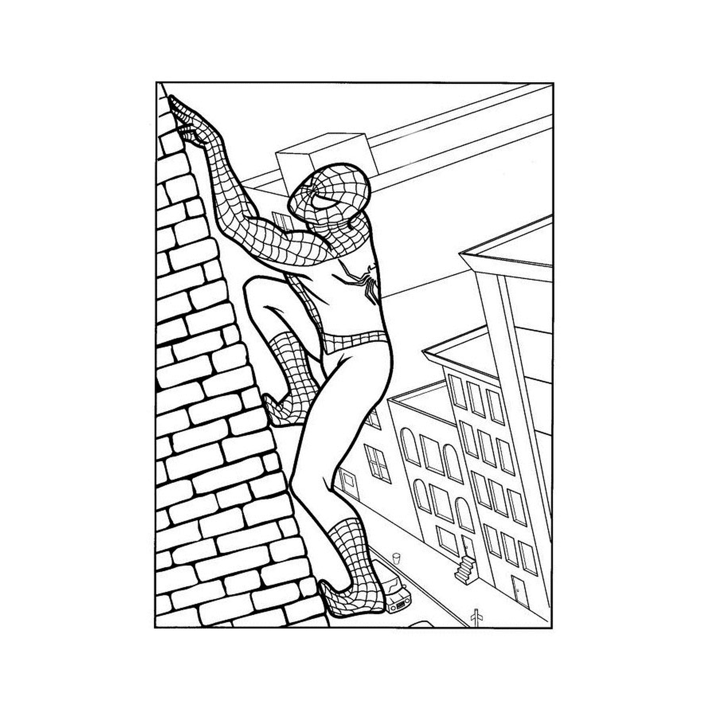 coloriage spiderman grimpe le mur d'une maison