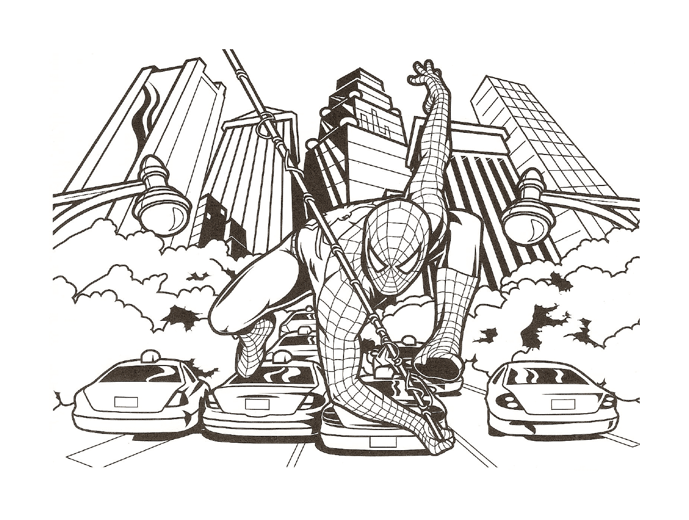 spiderman dans la ville et dessin à colorier