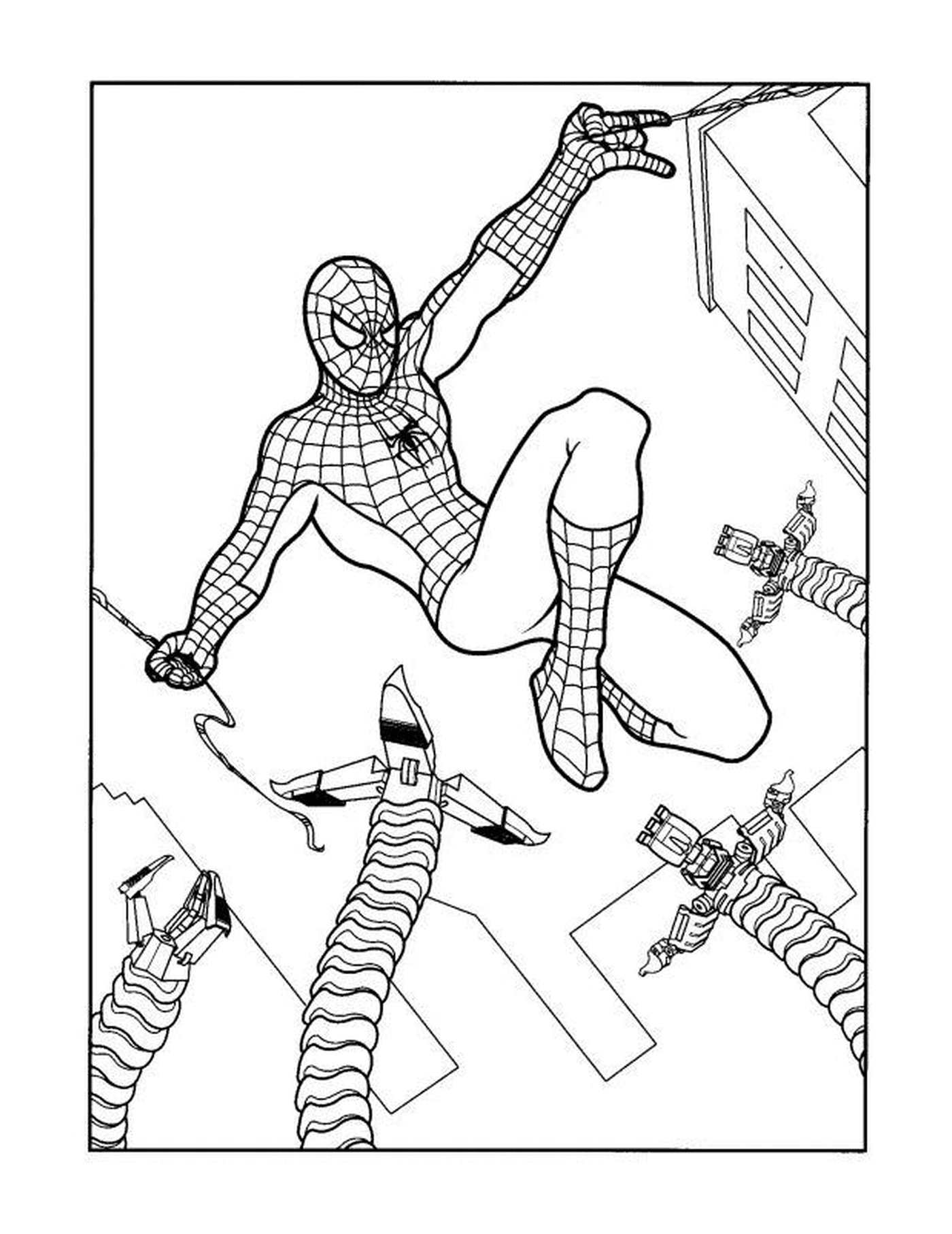 coloriage Docteur Octopus tente d'attraper Spider-Man dans les airs
