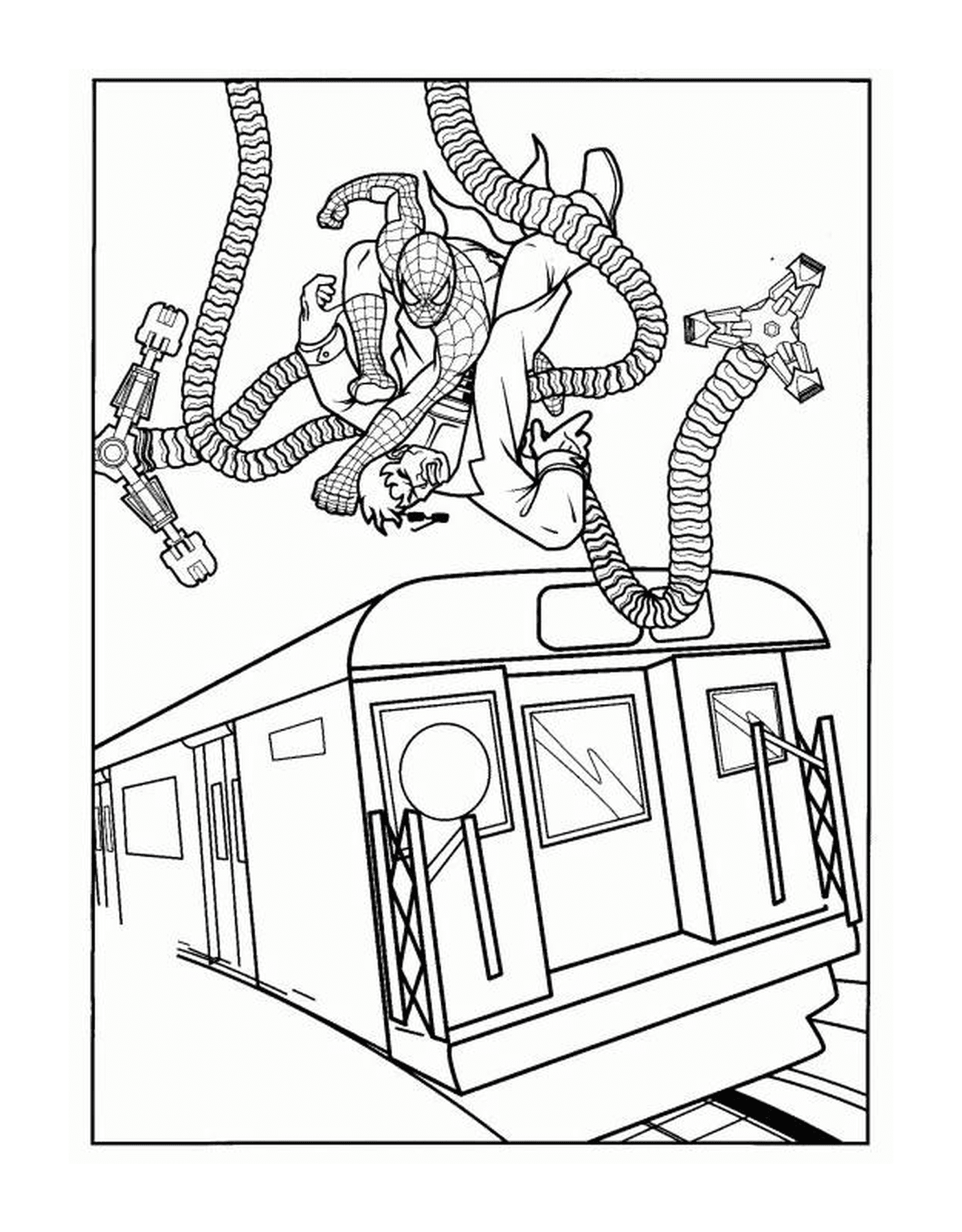 coloriage Bataille entre Docteur Octopus et Spider-man sur un train