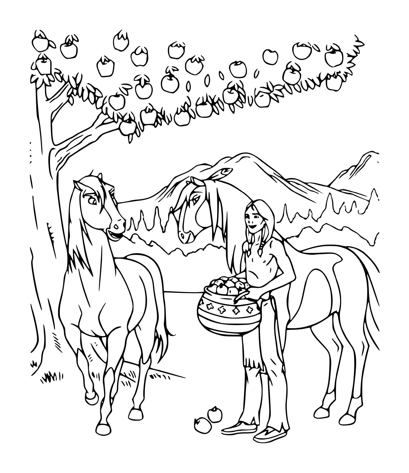coloriage spirit et les indiens ramassent des pommes