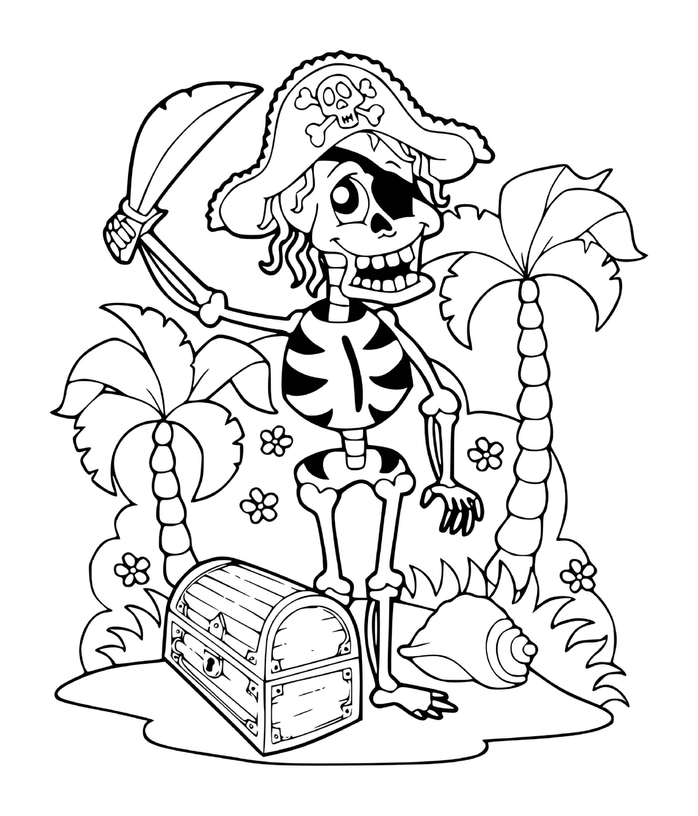 coloriage squelette pirate sur une ile avec un tresor