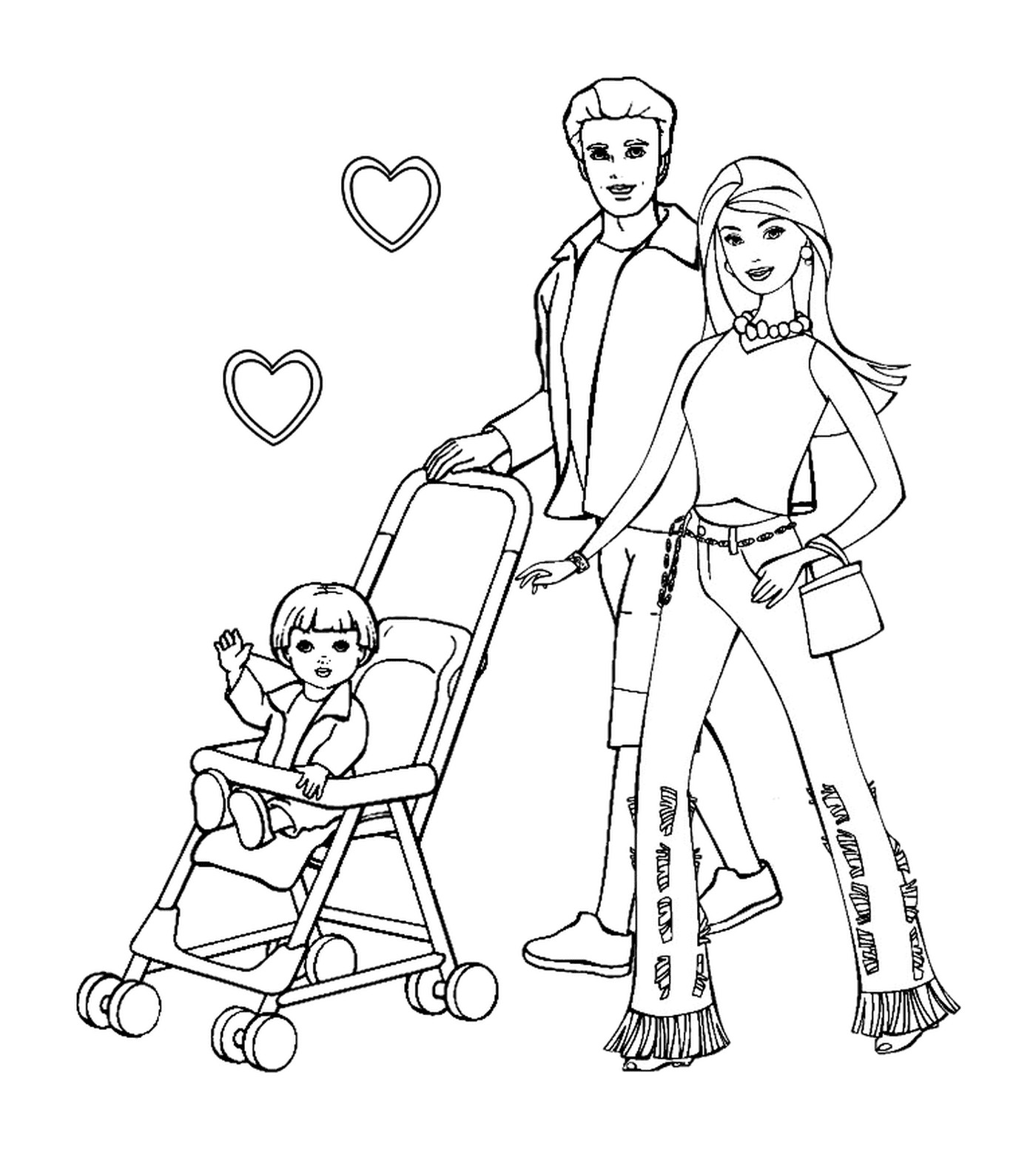 coloriage st valentin deux parents promenent leur fille dans une poussette