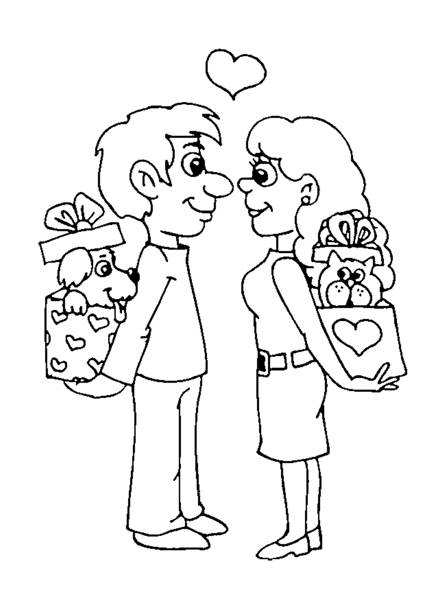 coloriage st valentin deux amoureux avec des cadeaux