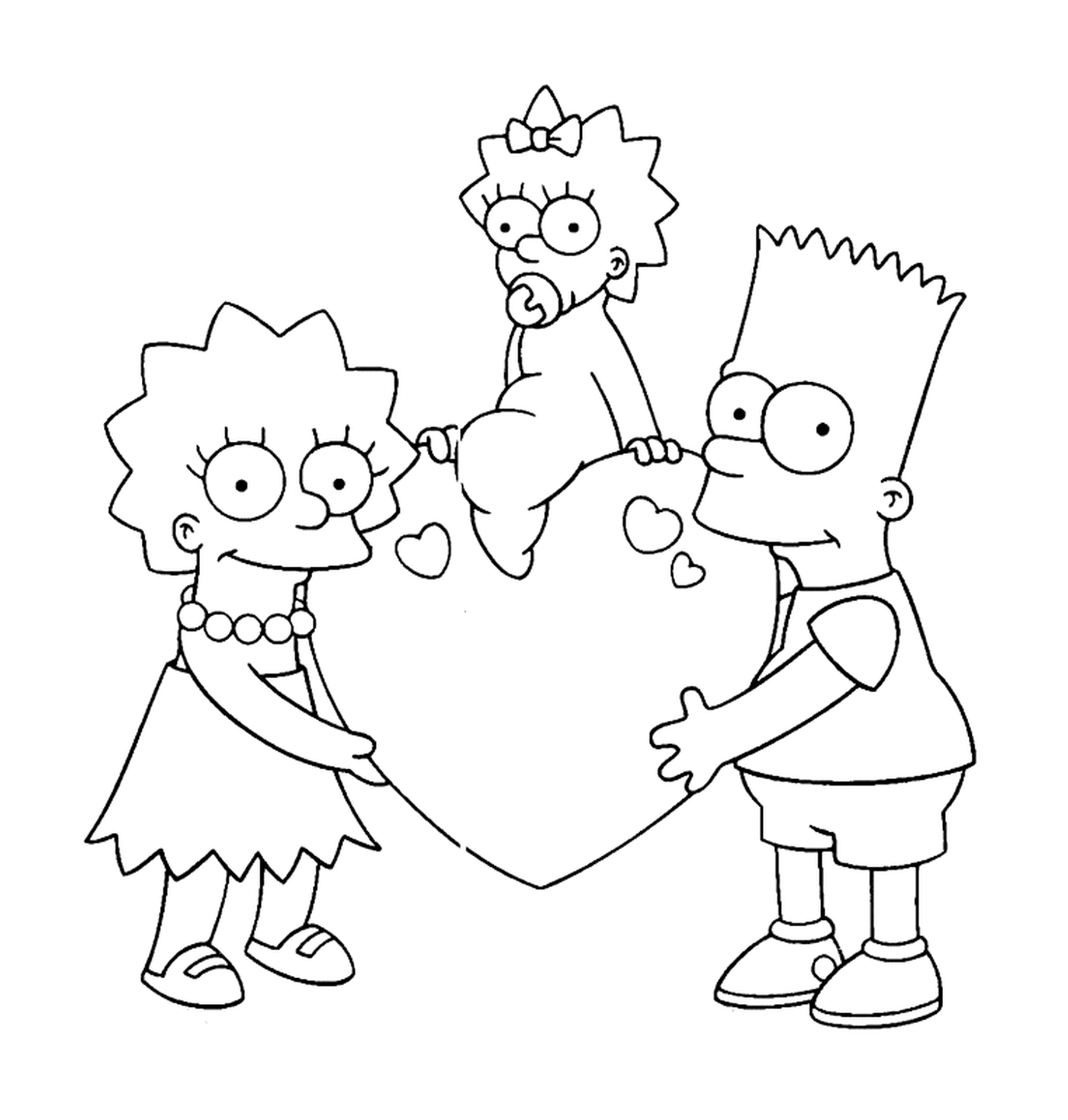 coloriage st valentin Bart et Lisa portent Maggie sur un coeur