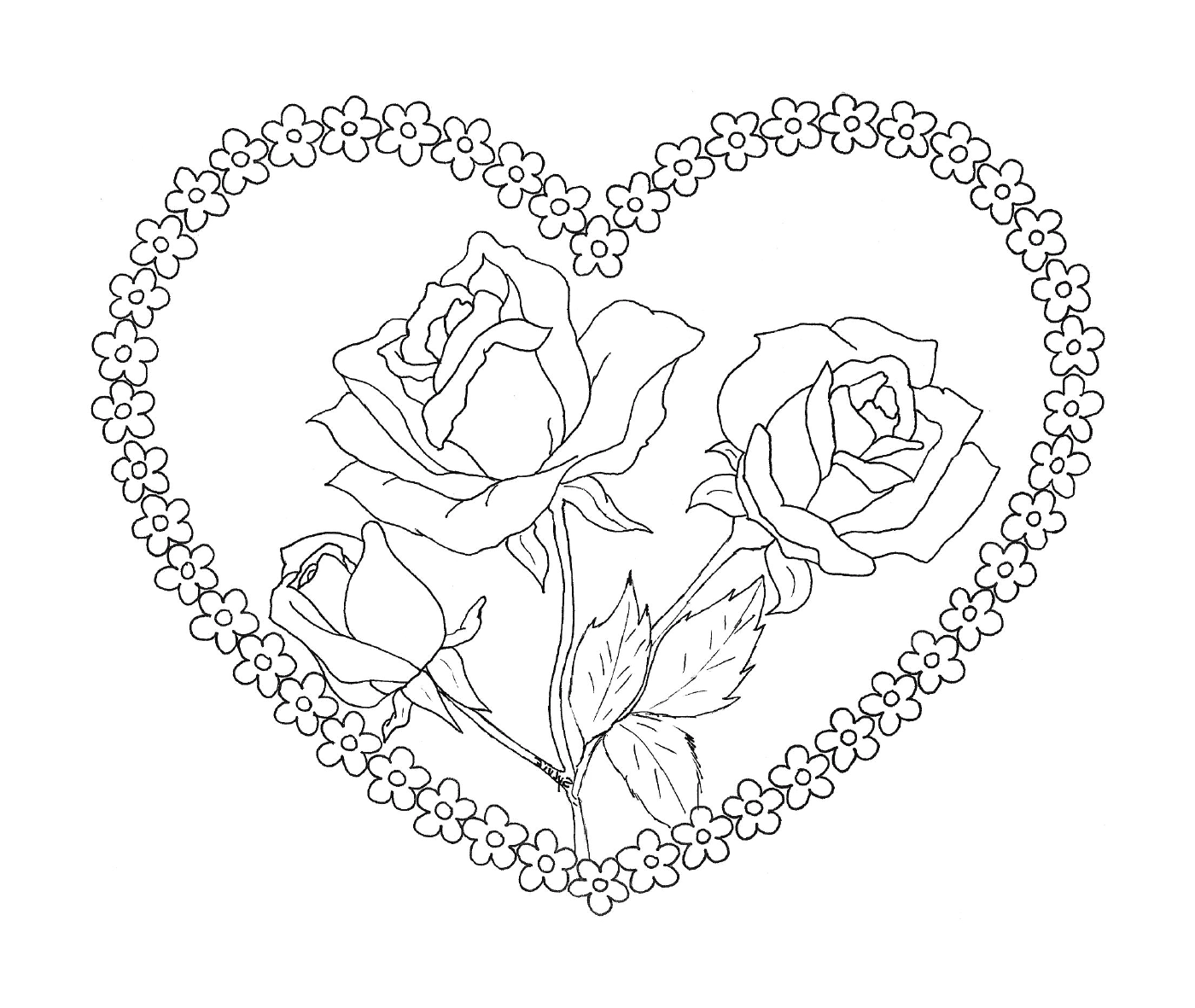 coloriage dessin coeur saint valentin avec roses