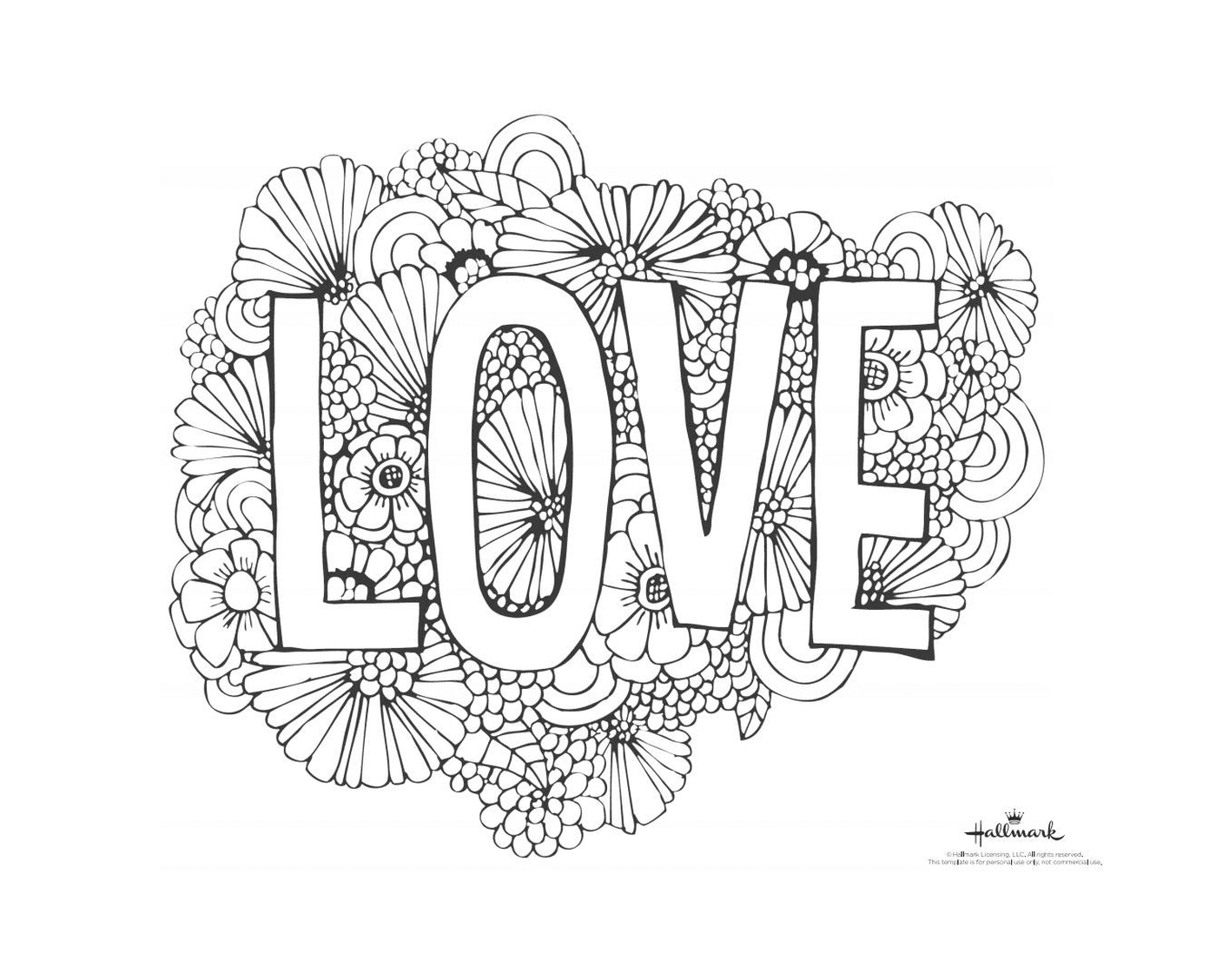 coloriage mot amour avec fond de fleurs