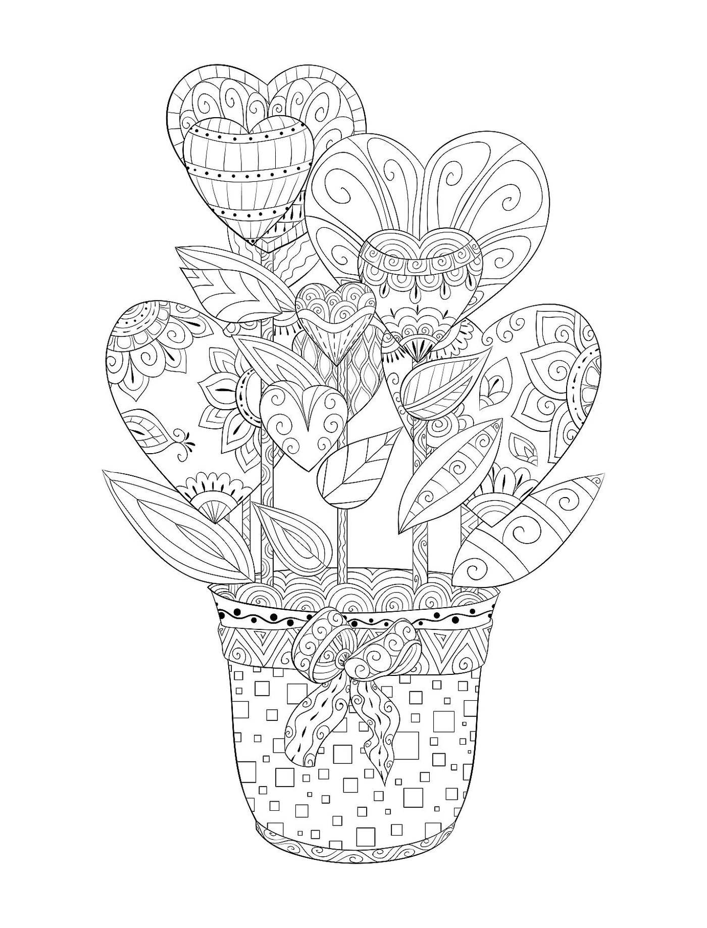 coloriage pot de fleurs en forme de coeurs pour adulte zentangle