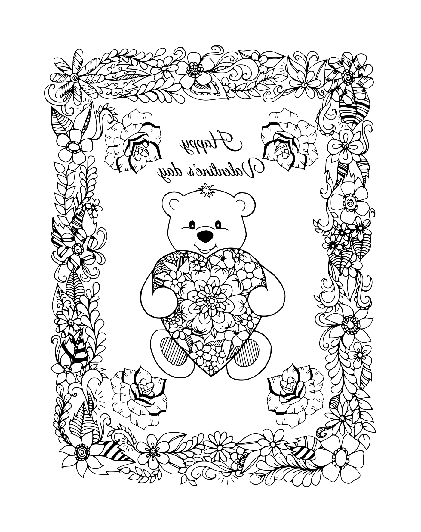 coloriage cadre de fleurs avec un ourson et coeur st valentin