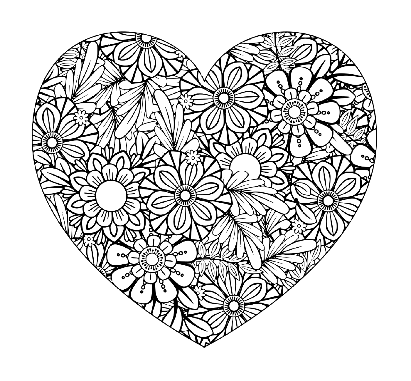 coloriage coeur avec pattern fleurs et nature relaxation adulte