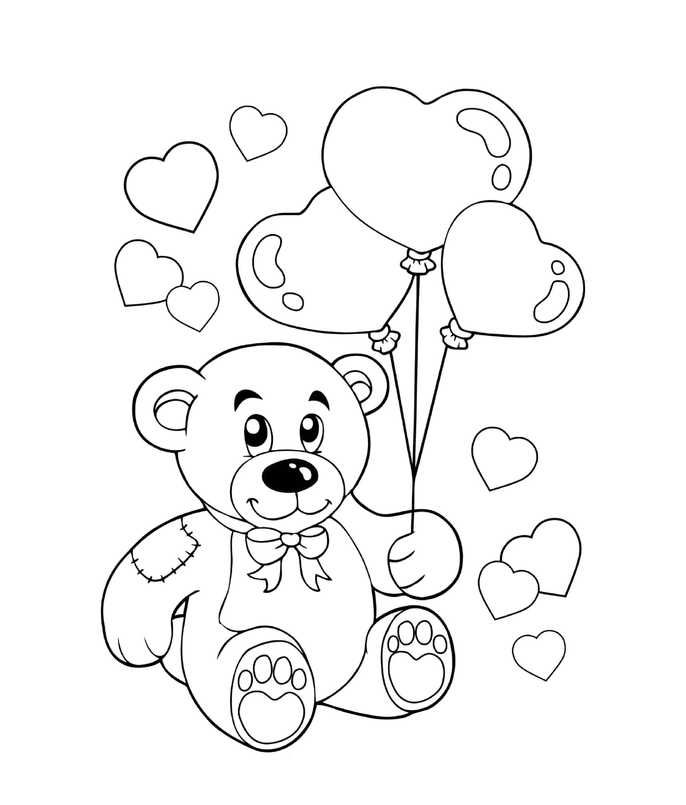coloriage ours en peluche avec des ballons en forme de coeurs