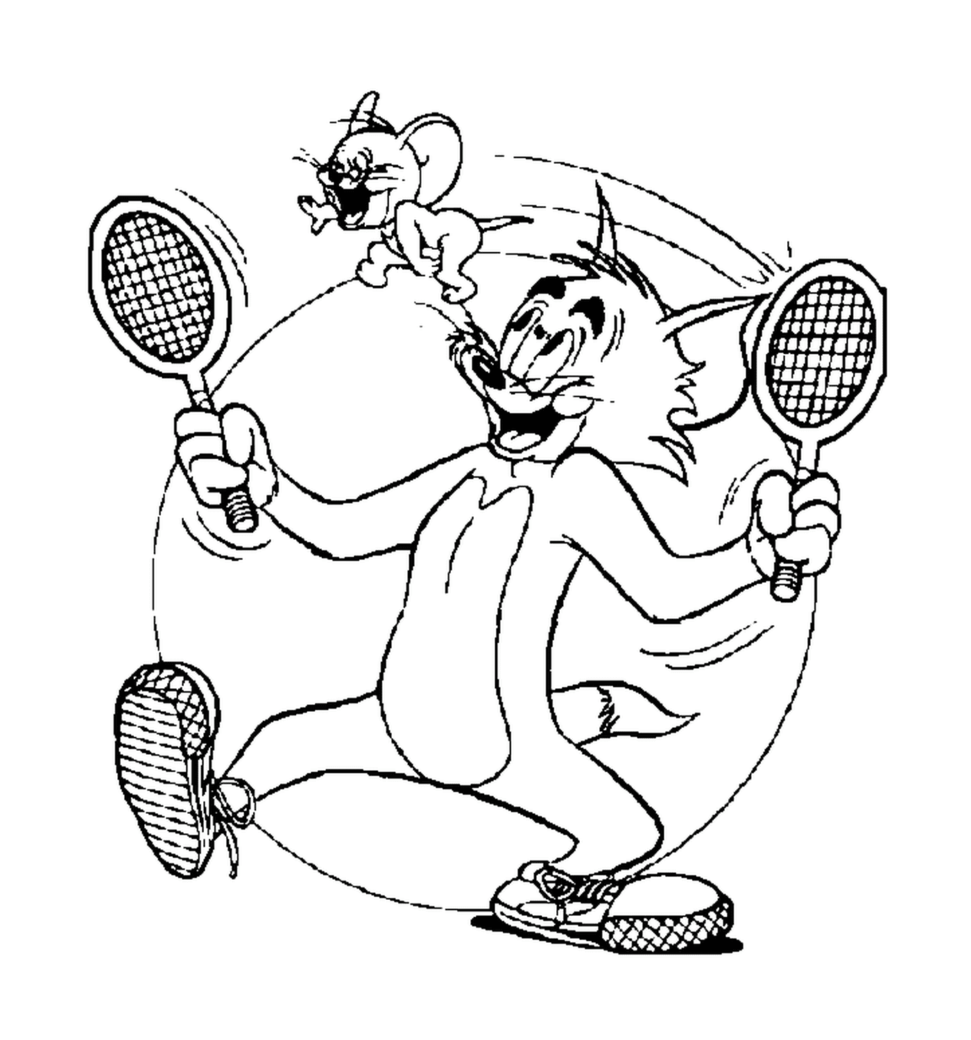 coloriage Tom joue au tennis avec Jerry comme balle