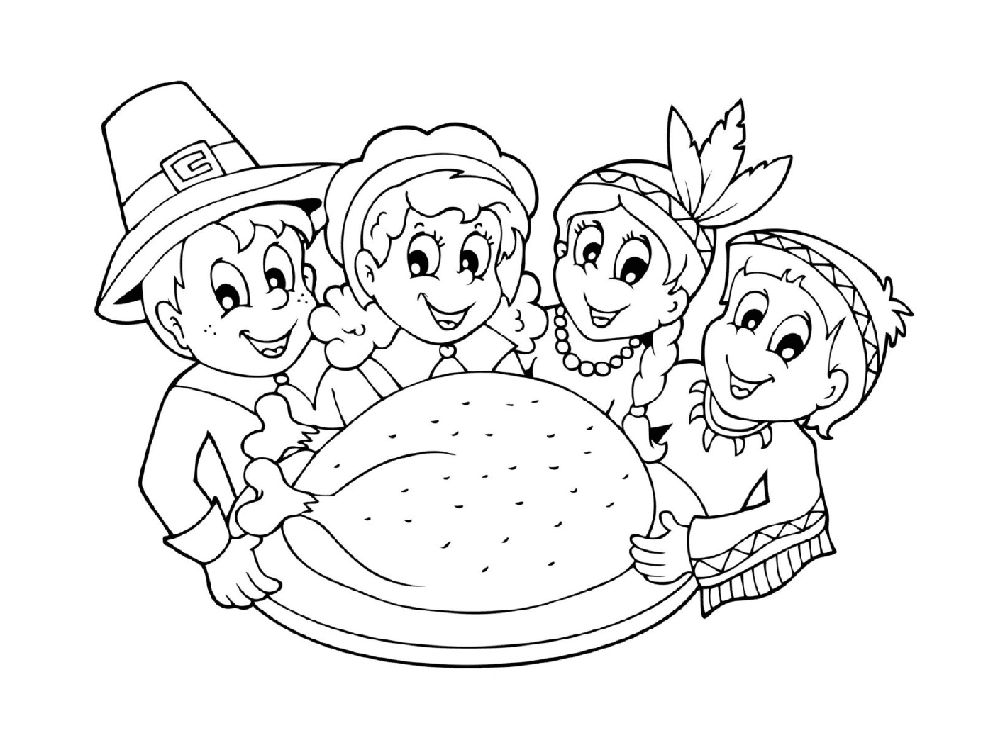 coloriage Thanksgiving avec la famille et enfants