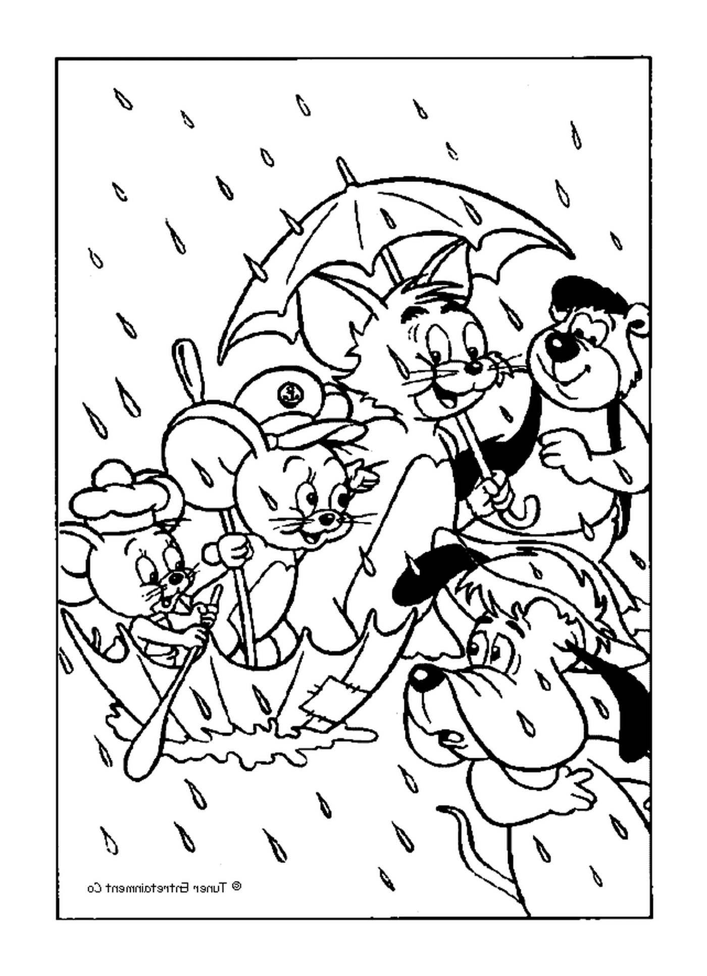 coloriage Tom et Jerry sous pluie