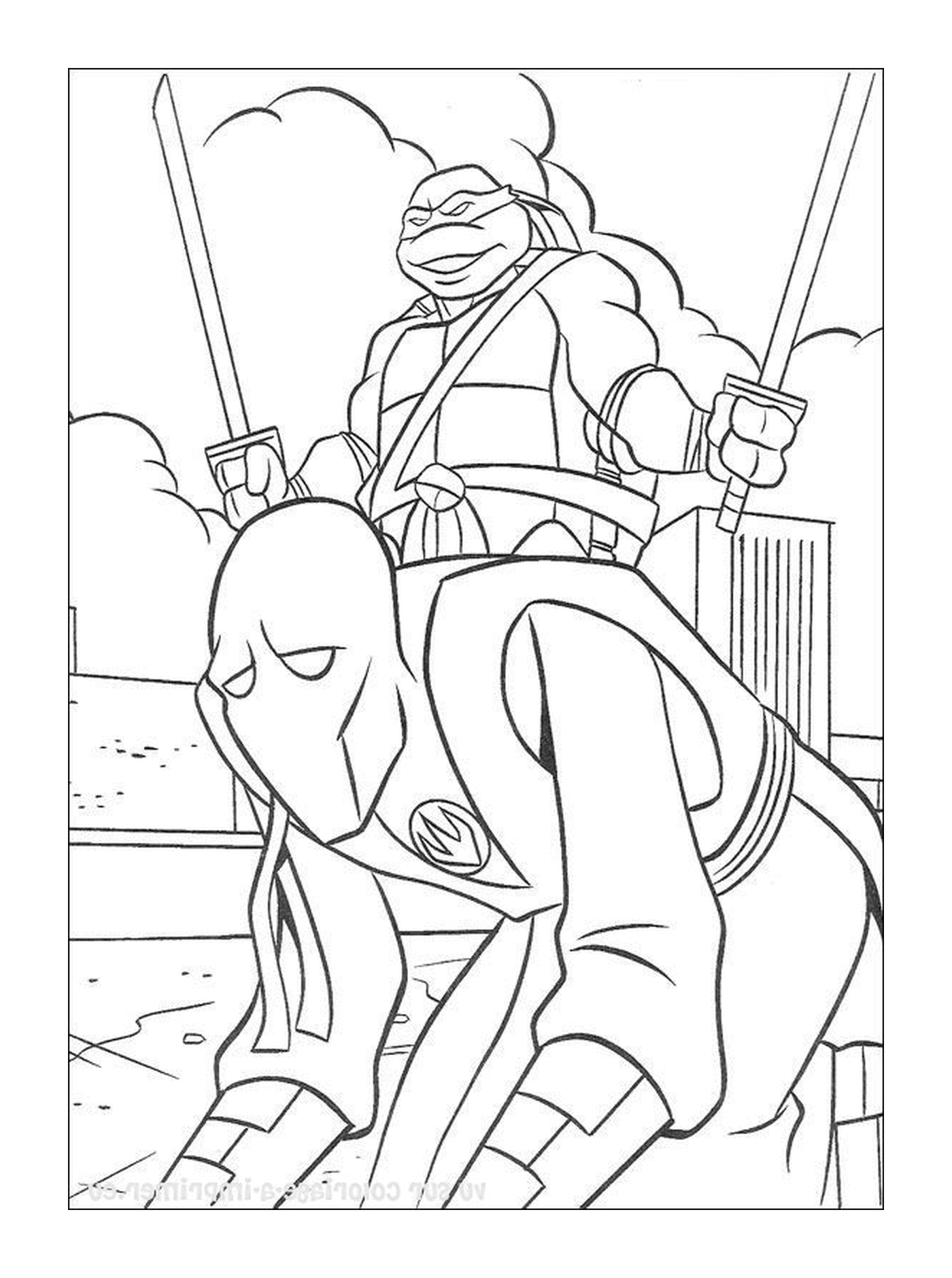 coloriage tortue ninja avec ennemi