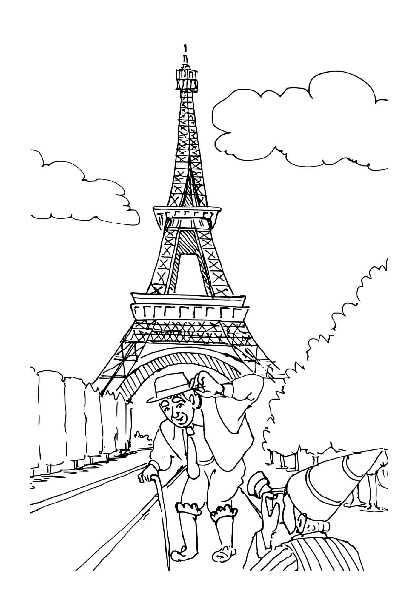 coloriage touriste devant la tour eiffel