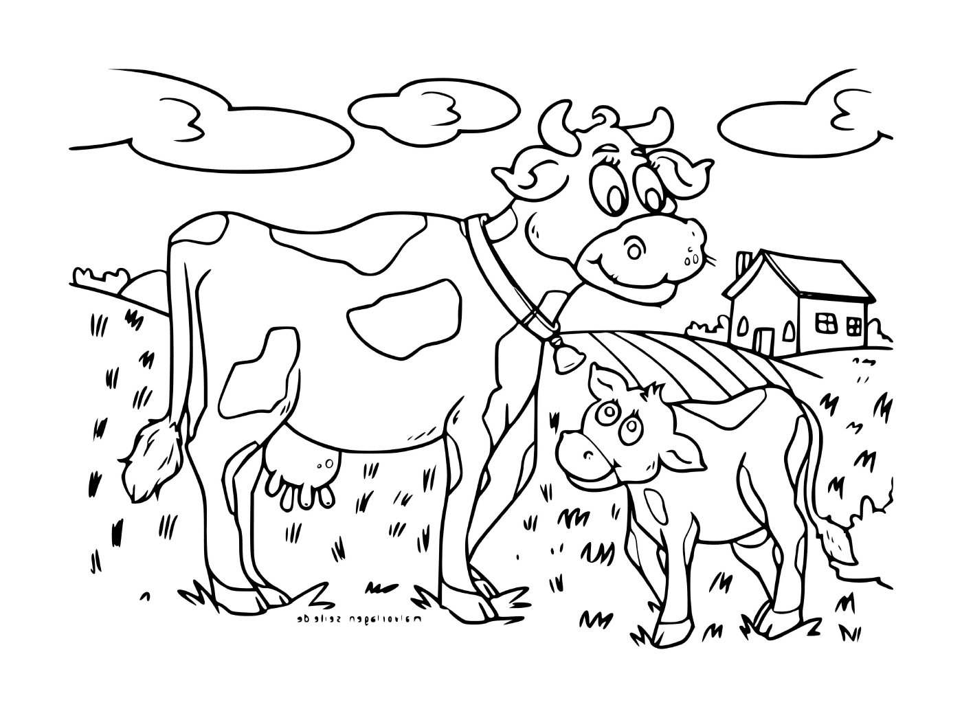 coloriage vache veau sur une ferme