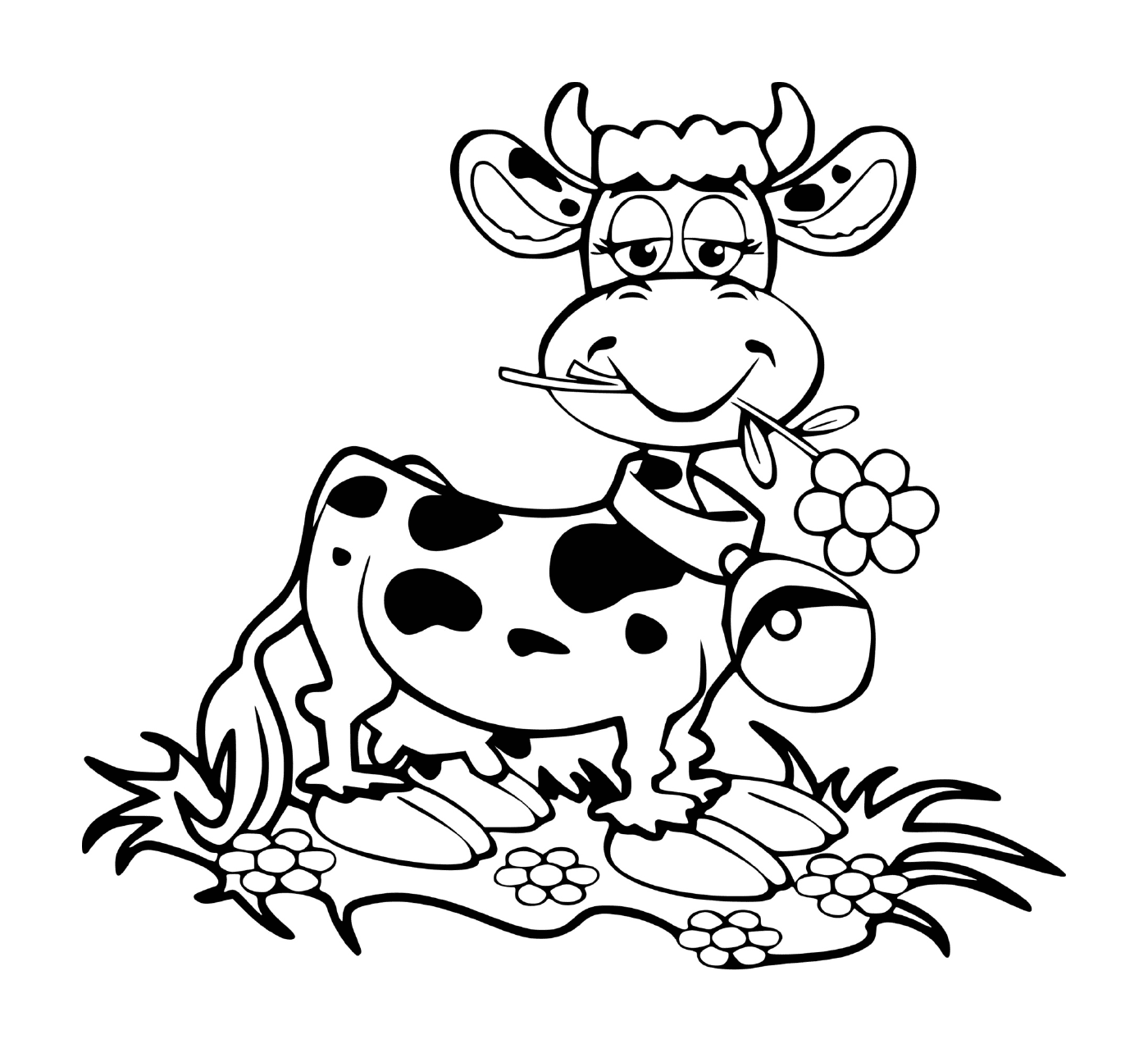 coloriage vache rigolote avec une fleur et une cloche