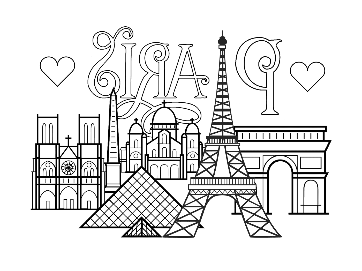 coloriage ville de paris monuments Tour Eiffel Arc de triomphe Cathedrale Notre Dame de Paris