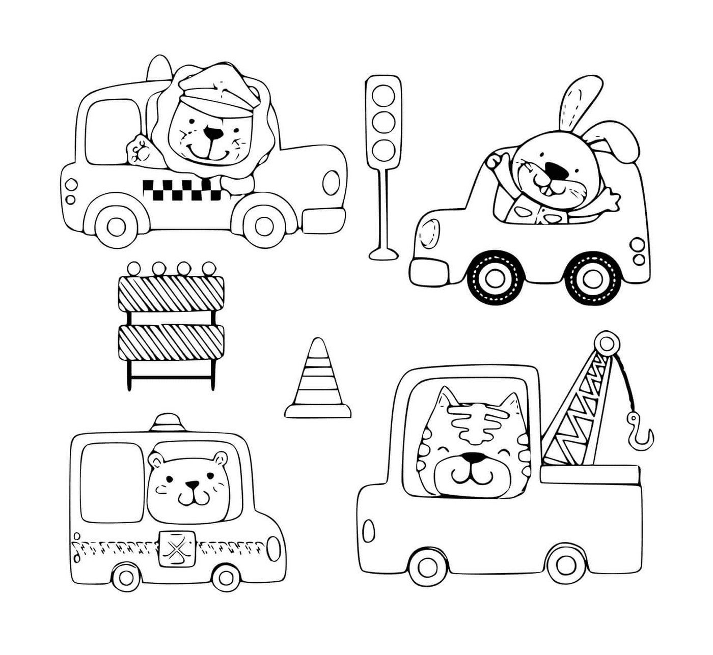 coloriage animaux conduisant vehicules taxi moto ambulance construction