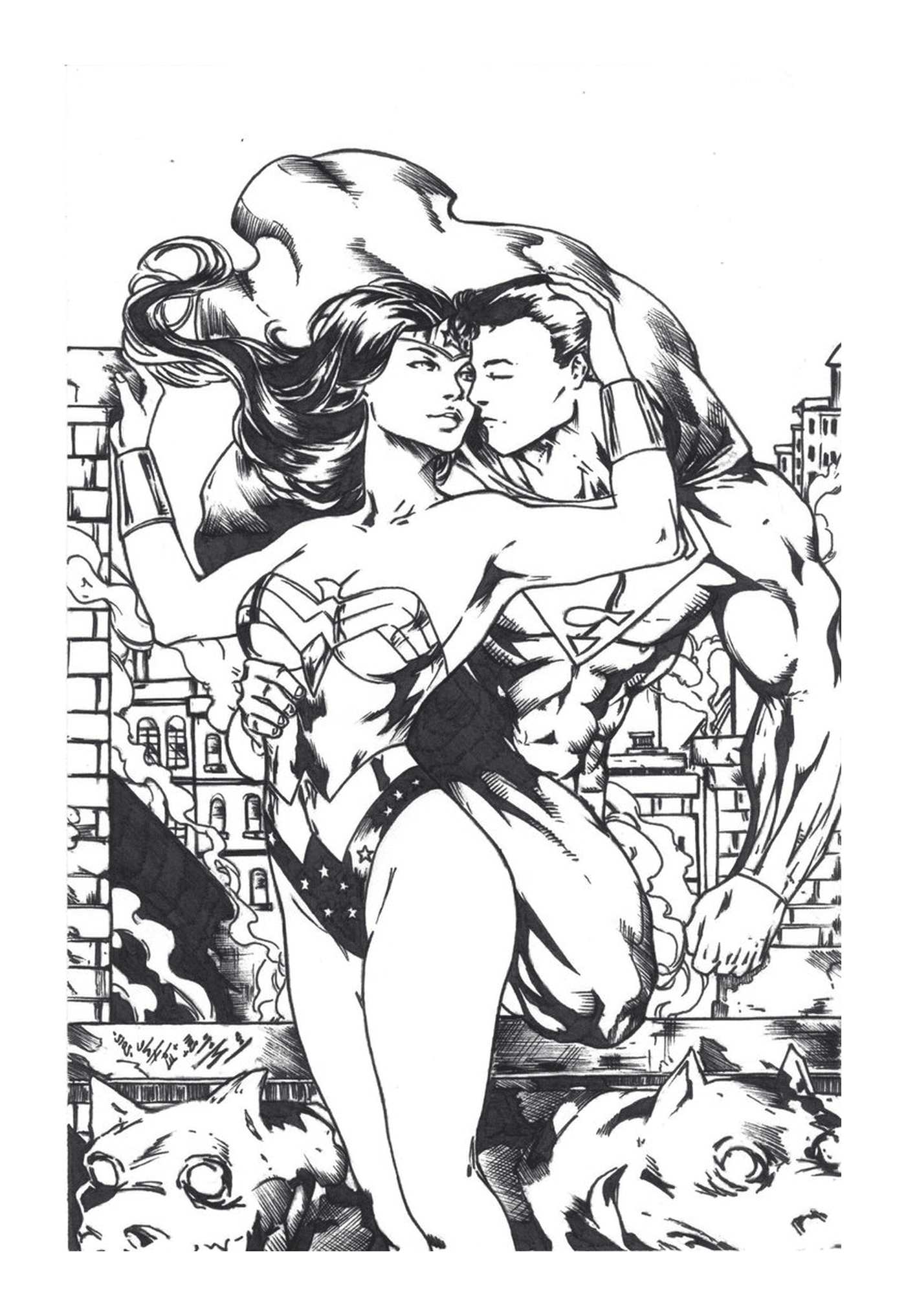 coloriage wonder woman sexy superman kiss pour adulte dc comics
