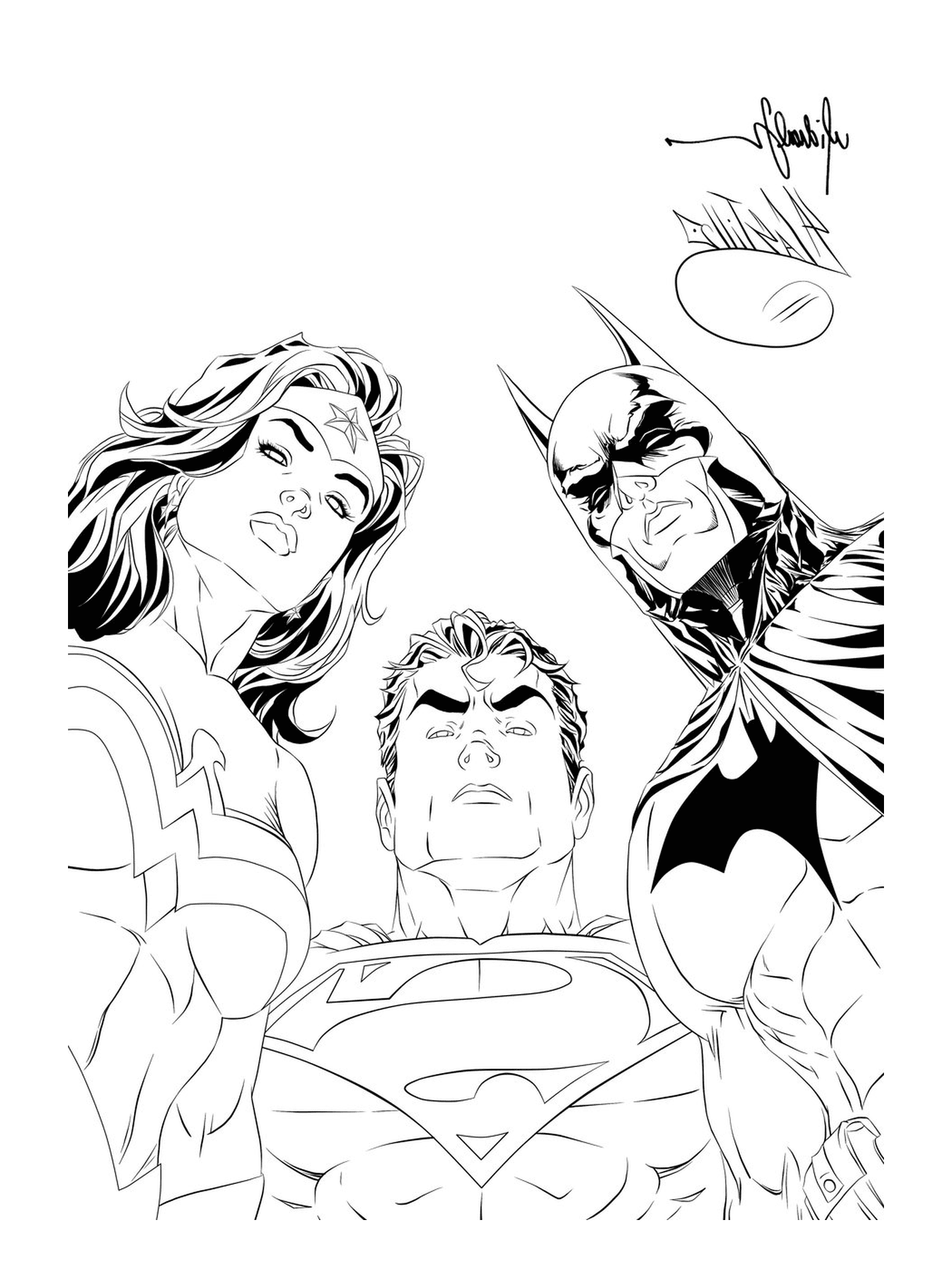 coloriage batman superman wonder woman looking at you pour adulte dc comics