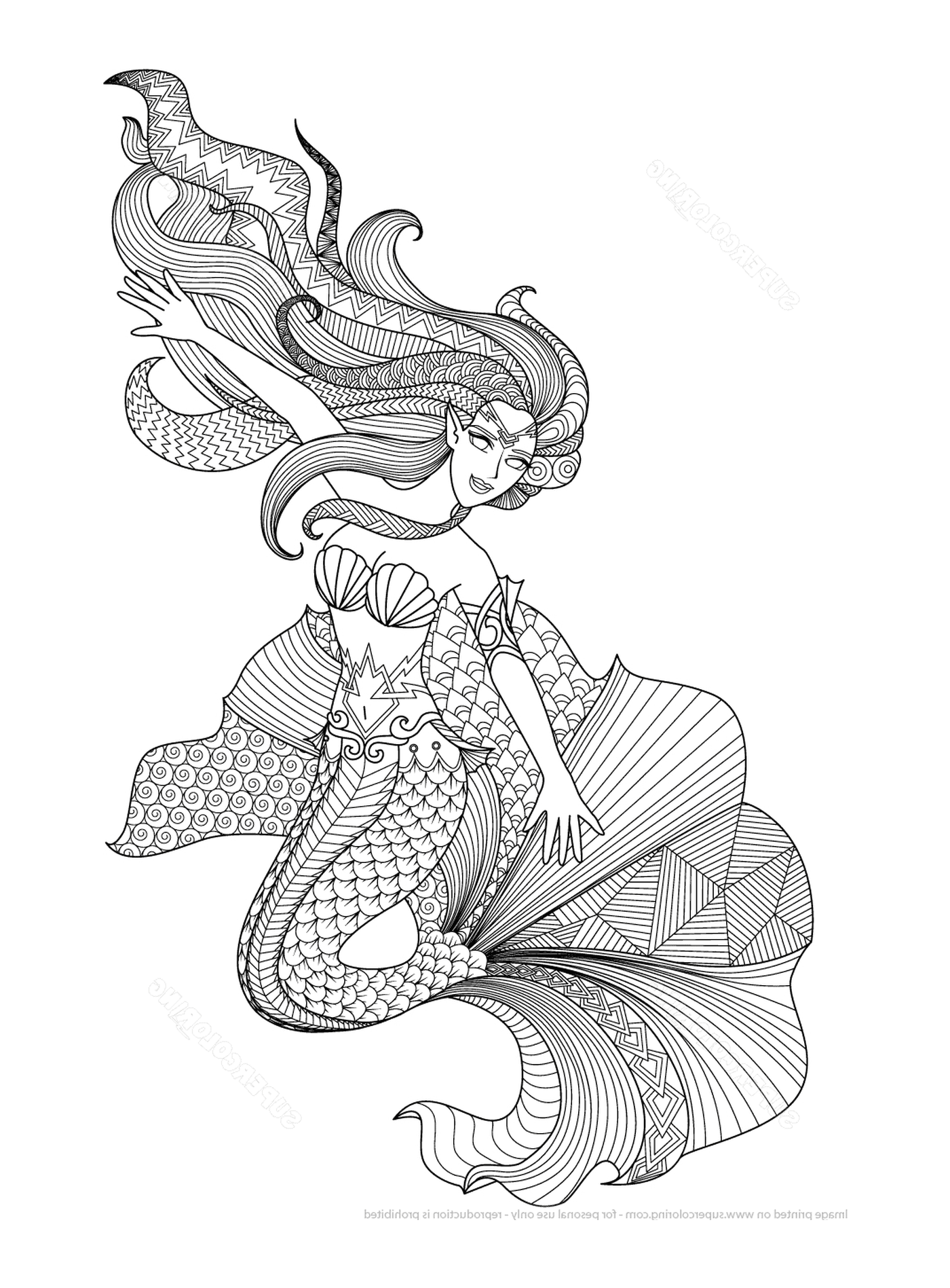 coloriage mermaid zentangle adulte