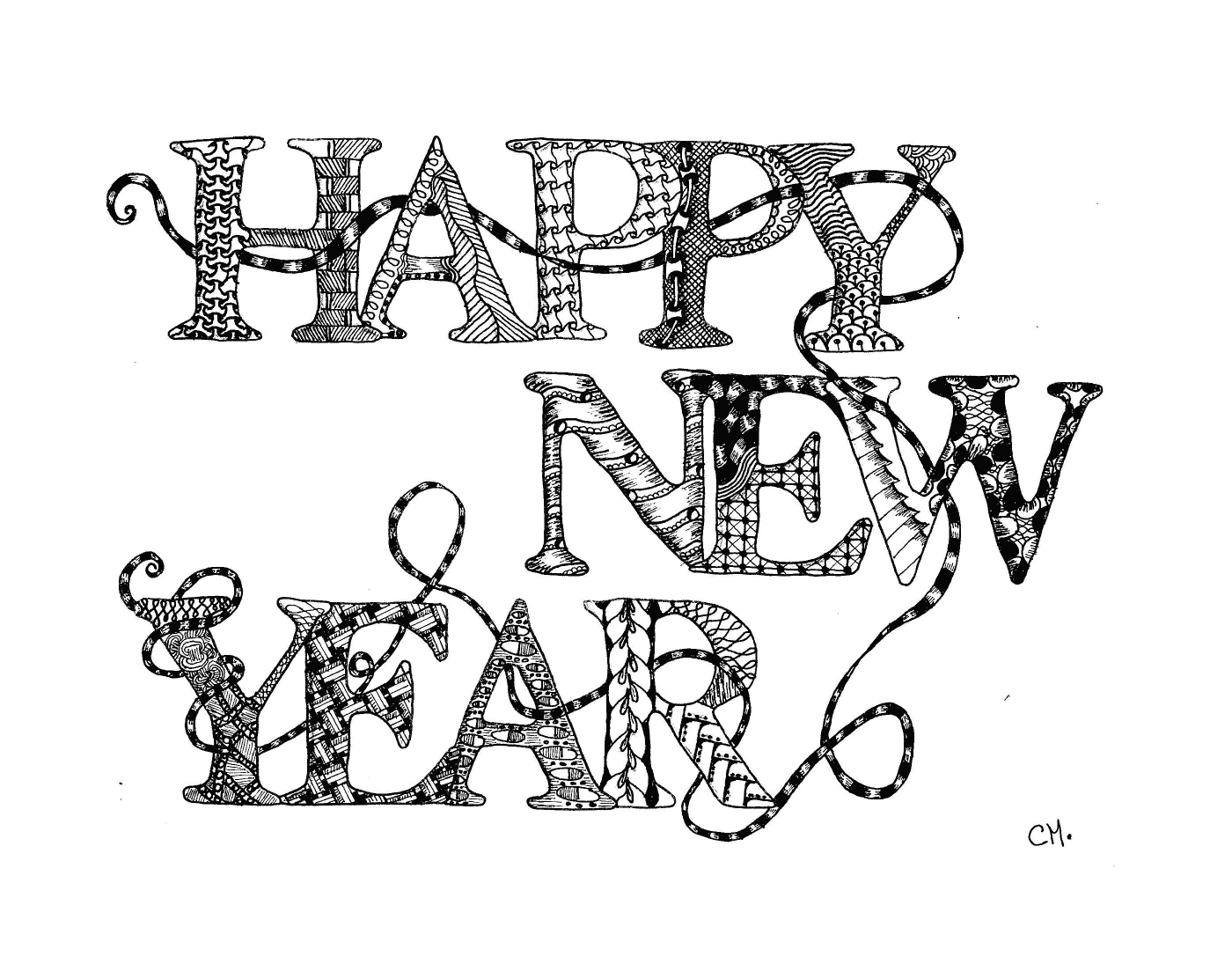 coloriage adulte zentangle happy new year by cathym