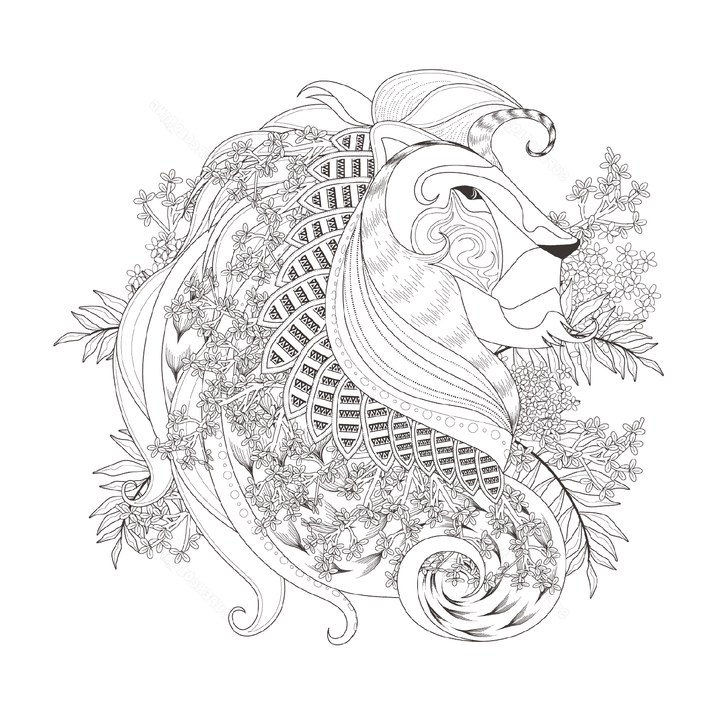 coloriage zentagle lion with floral elements adulte