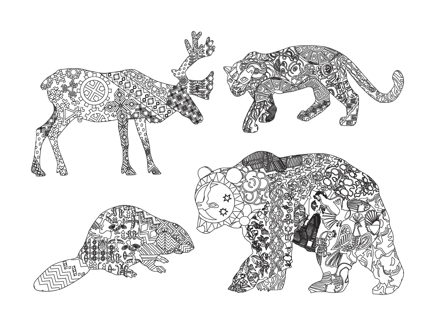   Groupe d'animaux dessinés avec des motifs 