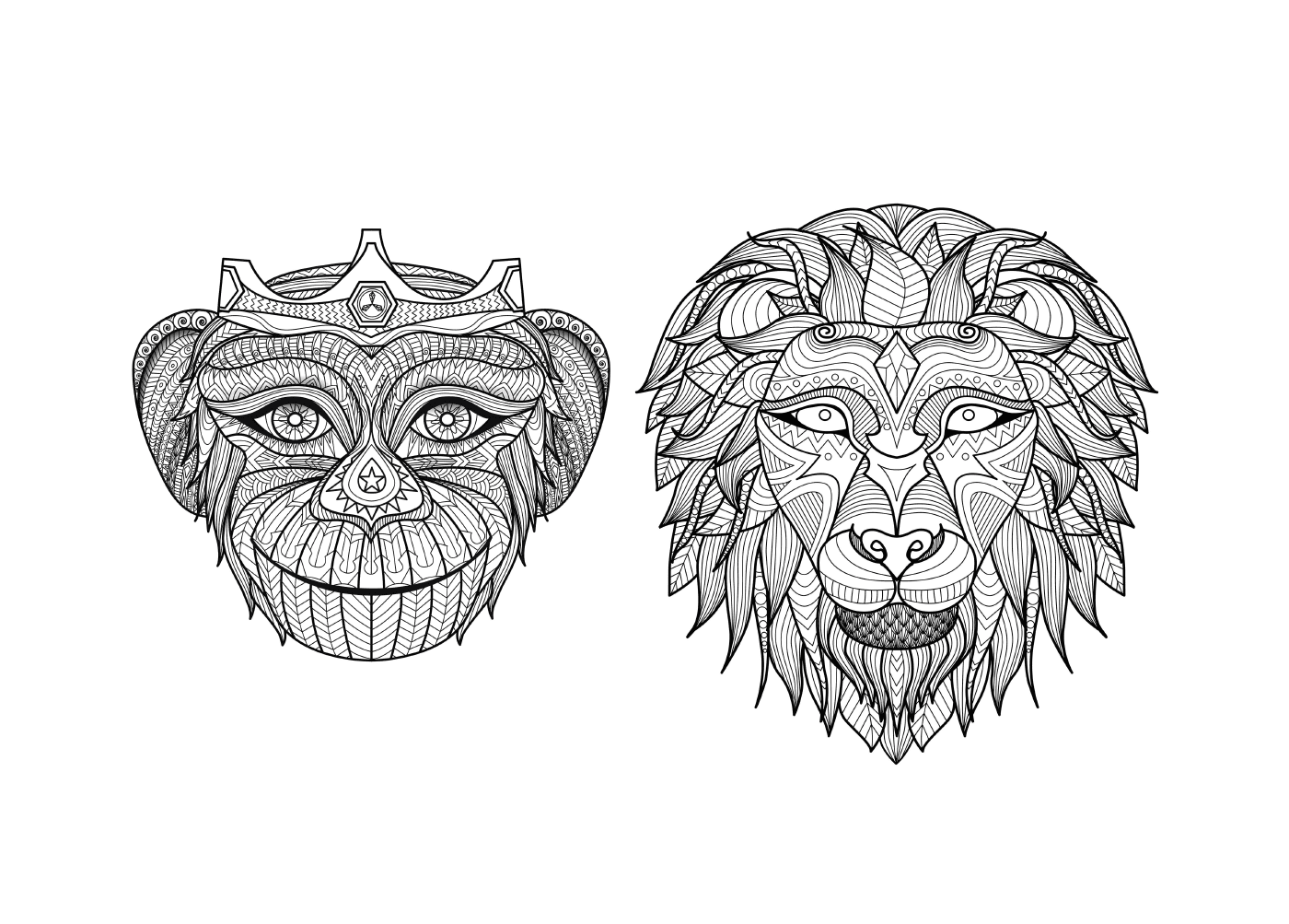   Deux dessins en noir et blanc d'un lion et d'un singe 