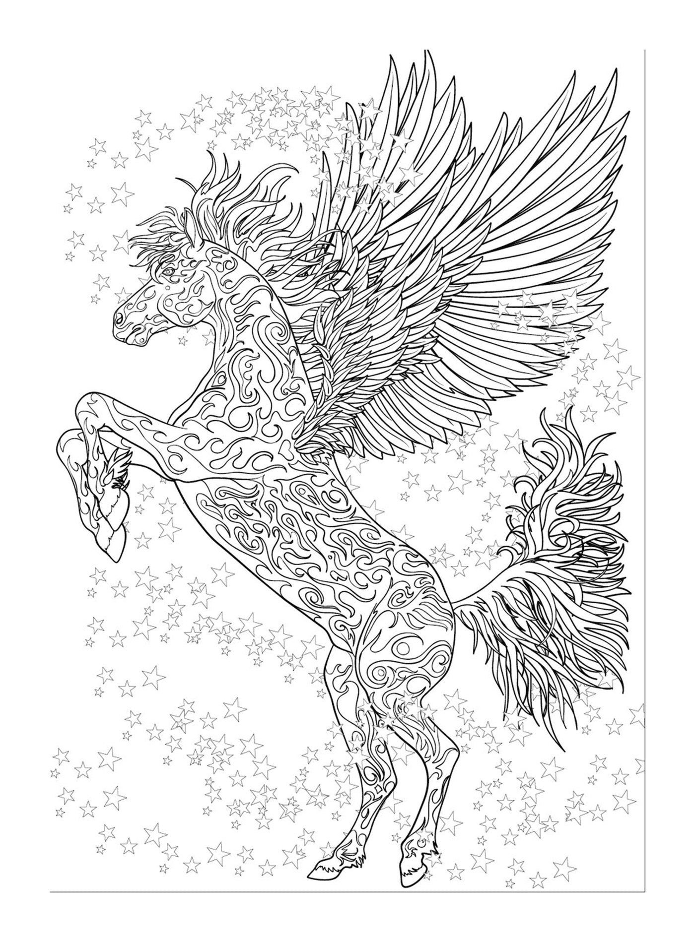   Un adulte d'un cheval avec des ailes de licorne et des étoiles 
