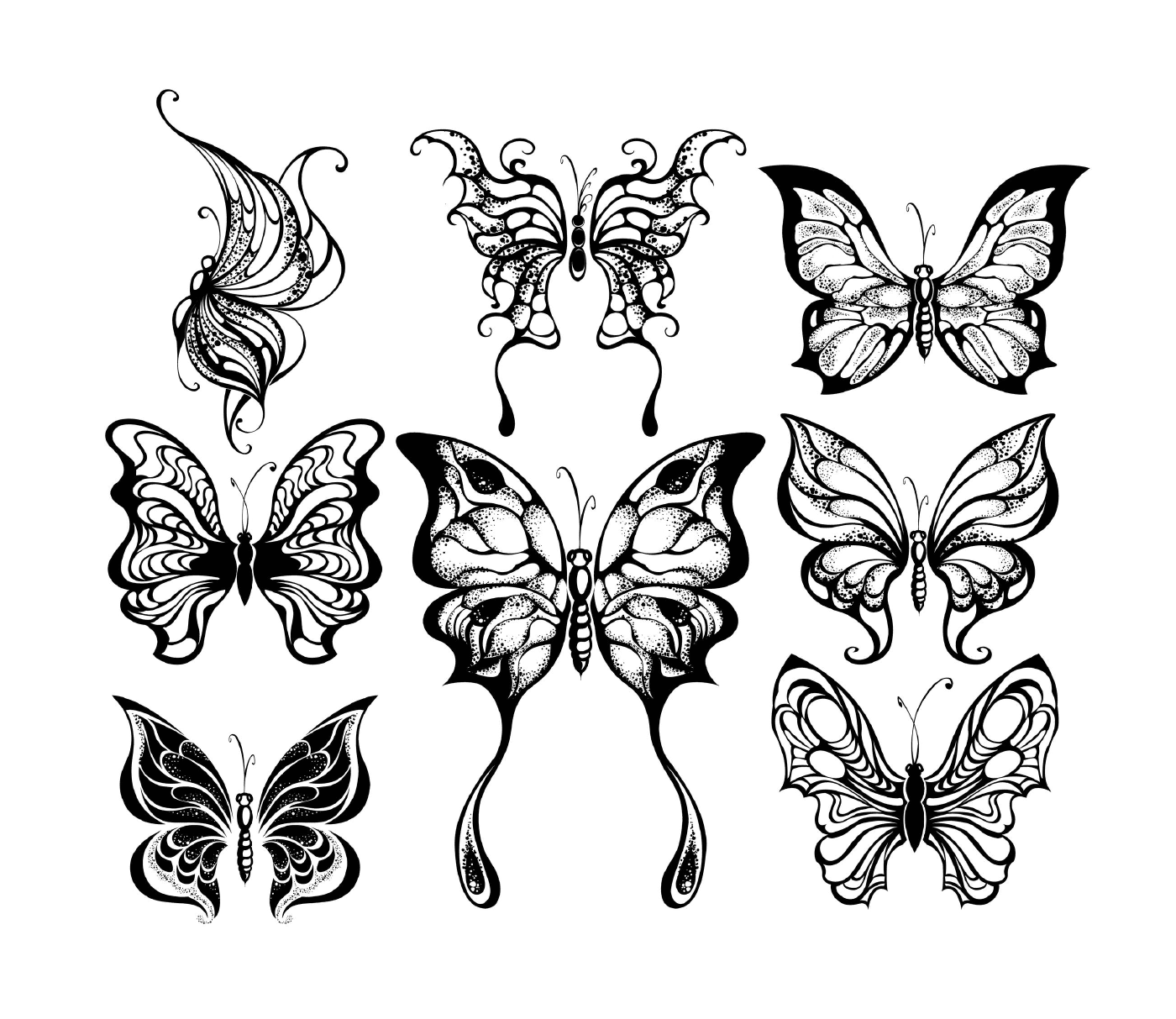   Un ensemble de neuf papillons en noir et blanc 