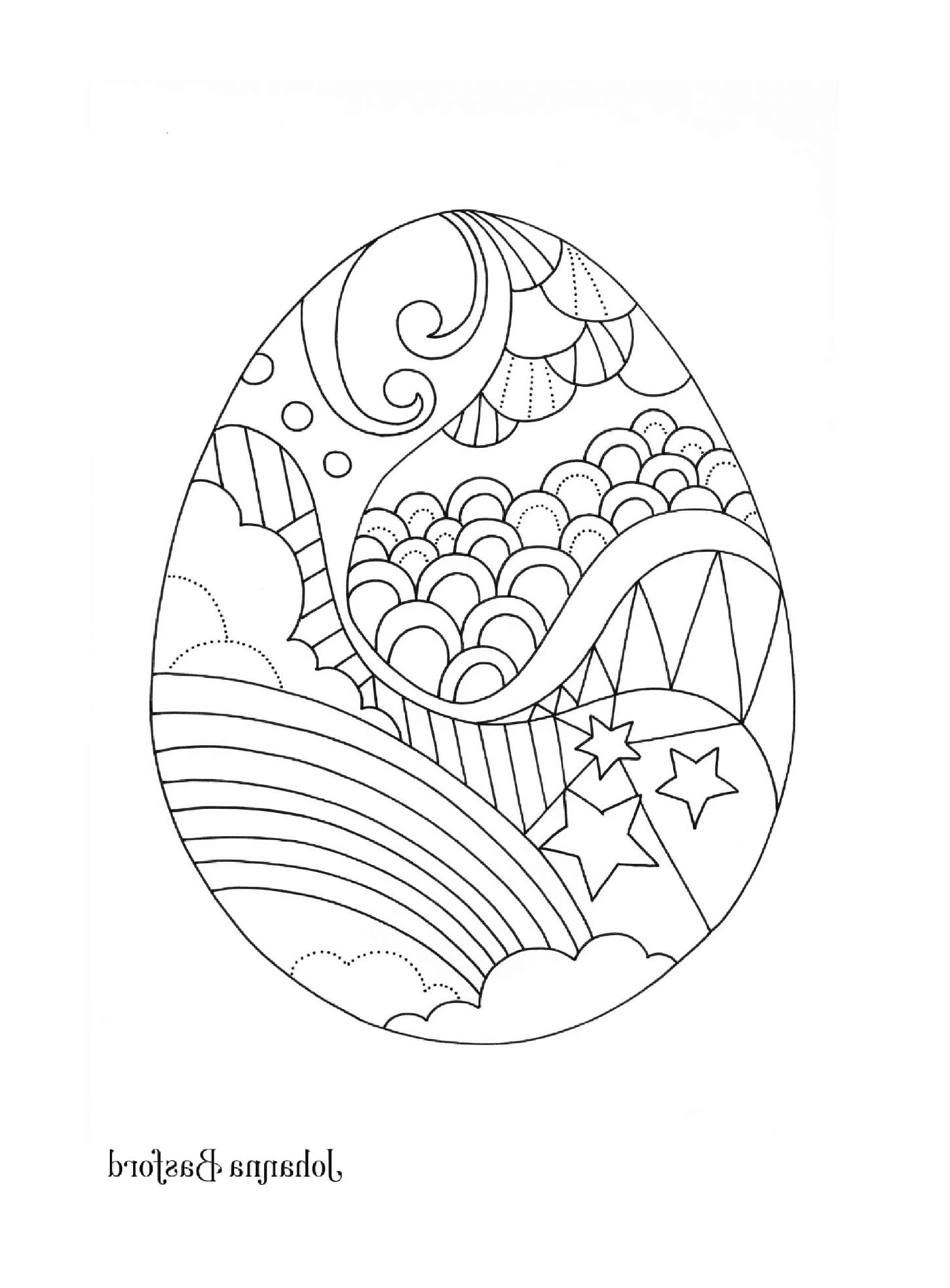   Un œuf de Pâques décoré avec un arc-en-ciel, des nuages, des étoiles et d'autres motifs 