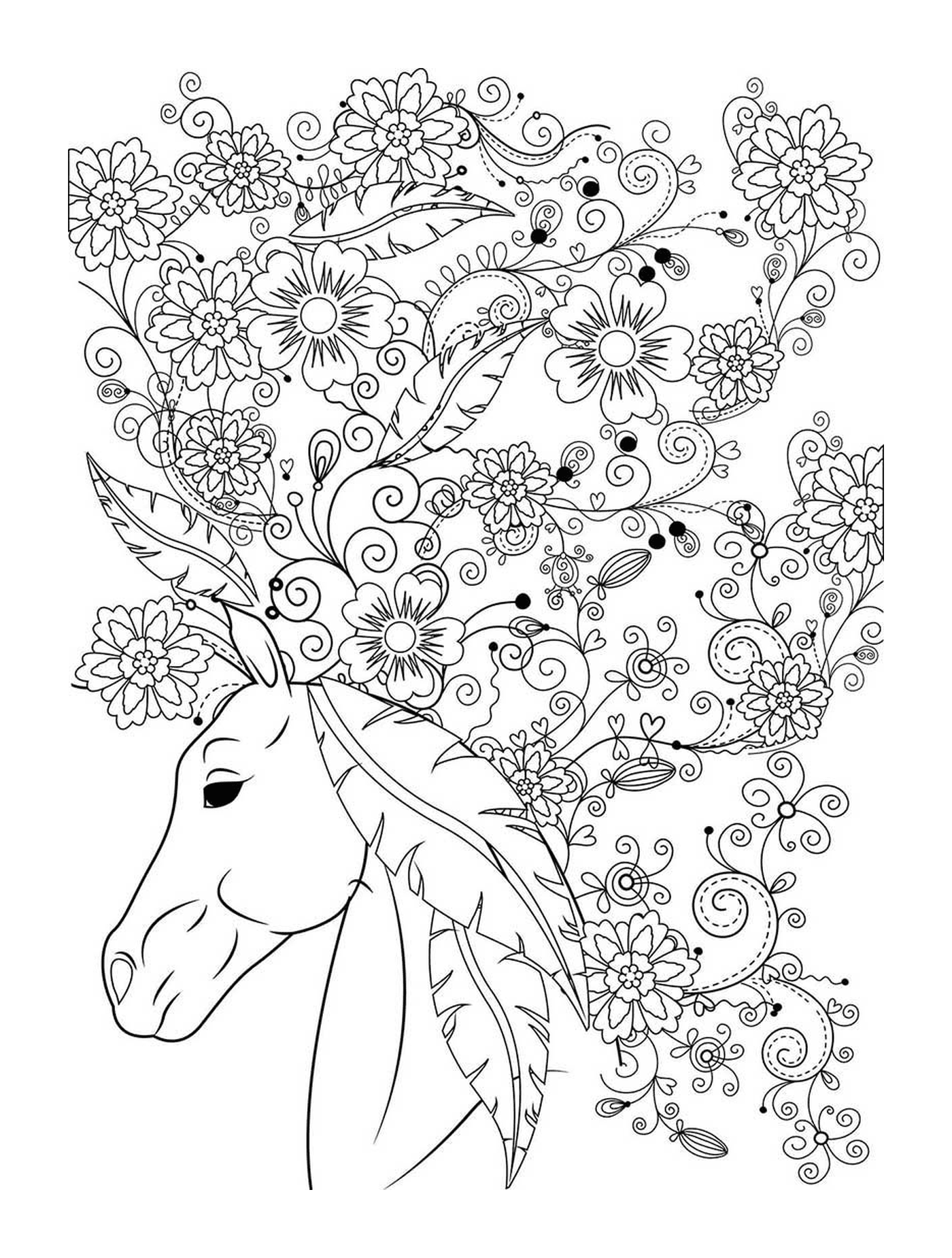   Un adulte d'un cheval avec des fleurs 