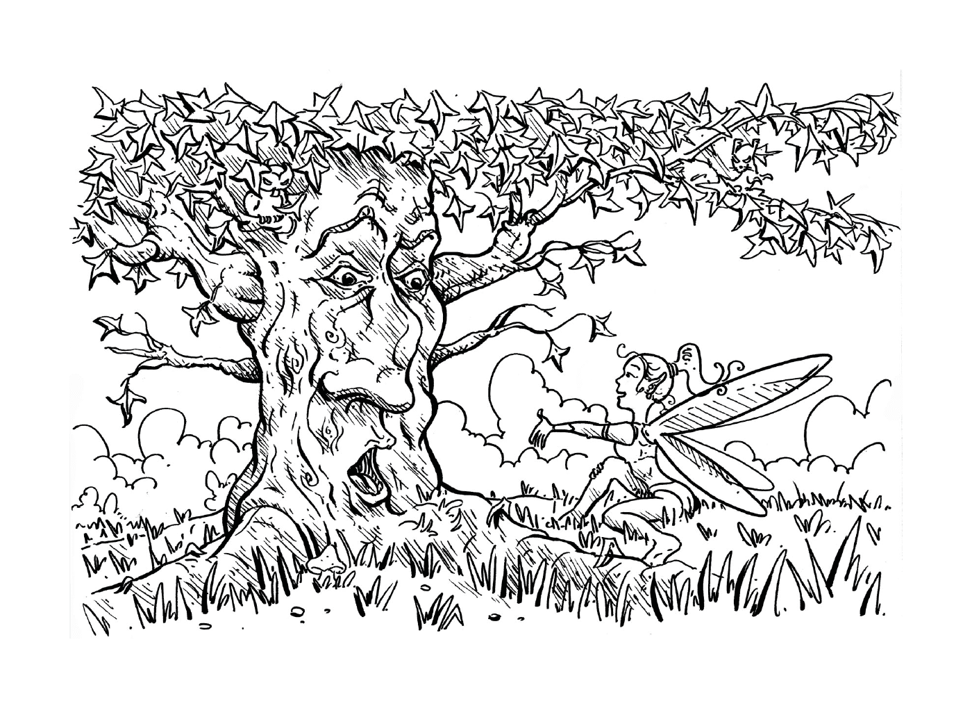   Un dessin à l'encre avec un elfe et un arbre 