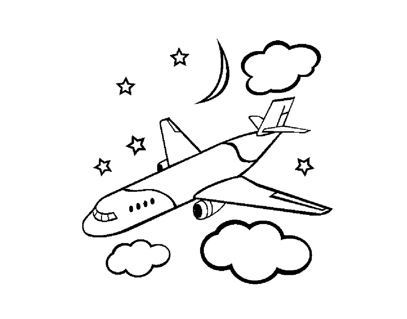   Un avion vole dans le ciel avec des nuages et des étoiles 