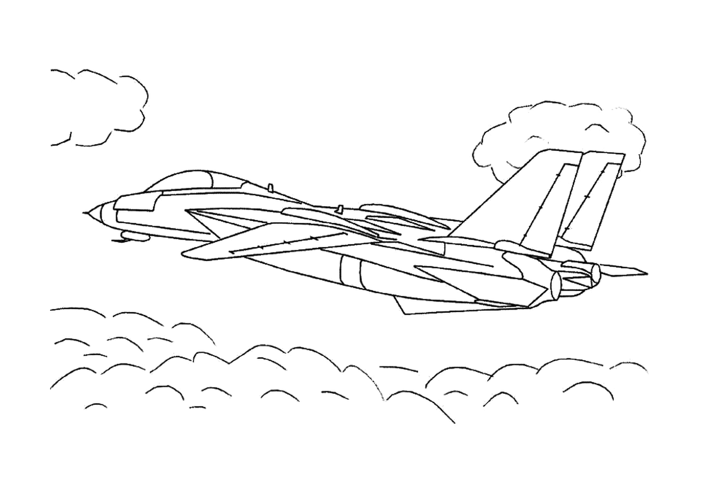   Un avion de chasse vole à travers le ciel 