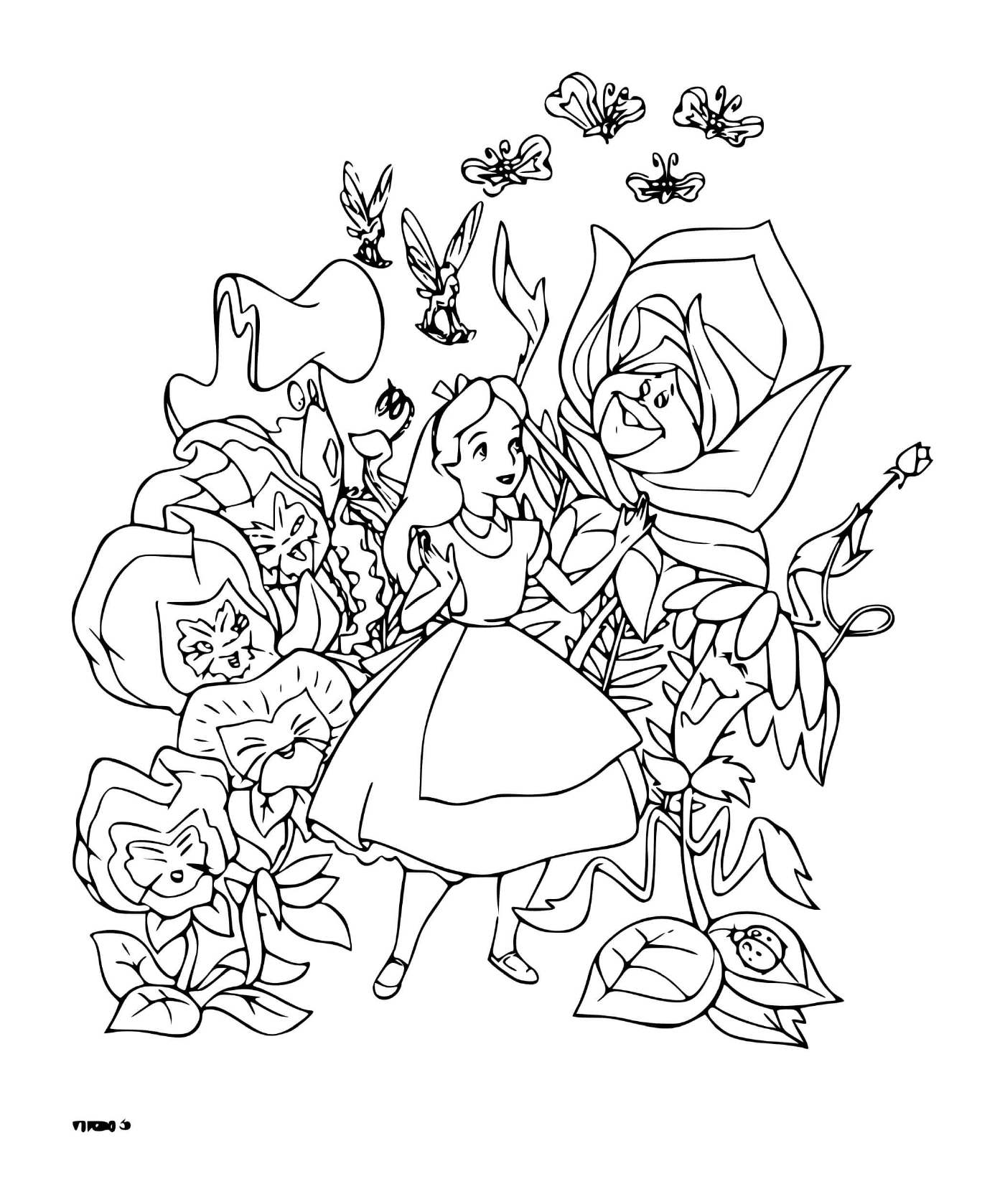   Une adulte d'Alice qui parle avec des fleurs 