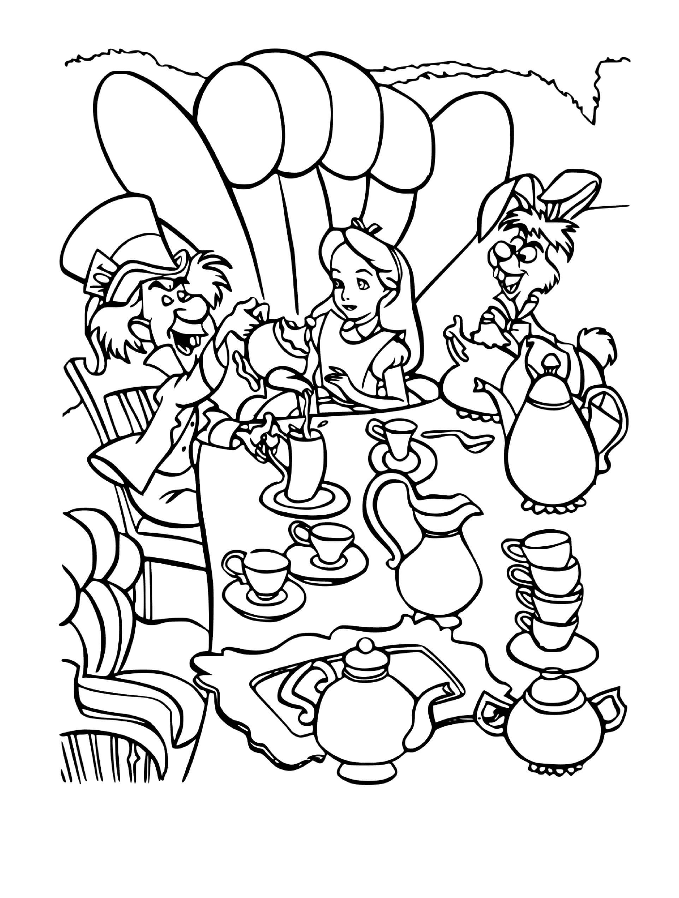   Un groupe de personnes assises autour d'une table, buvant du chocolat chaud avec le chapelier fou 