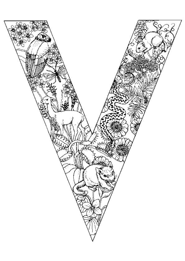   La lettre V est décorée d'animaux et de fleurs 