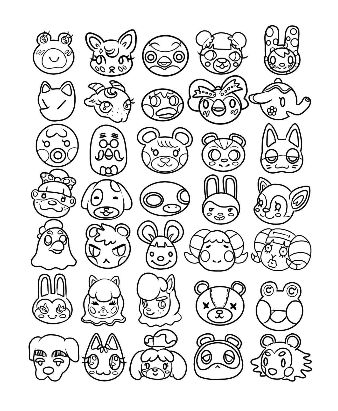   Kawaii, dessin de différentes têtes d'animaux en encre noire 