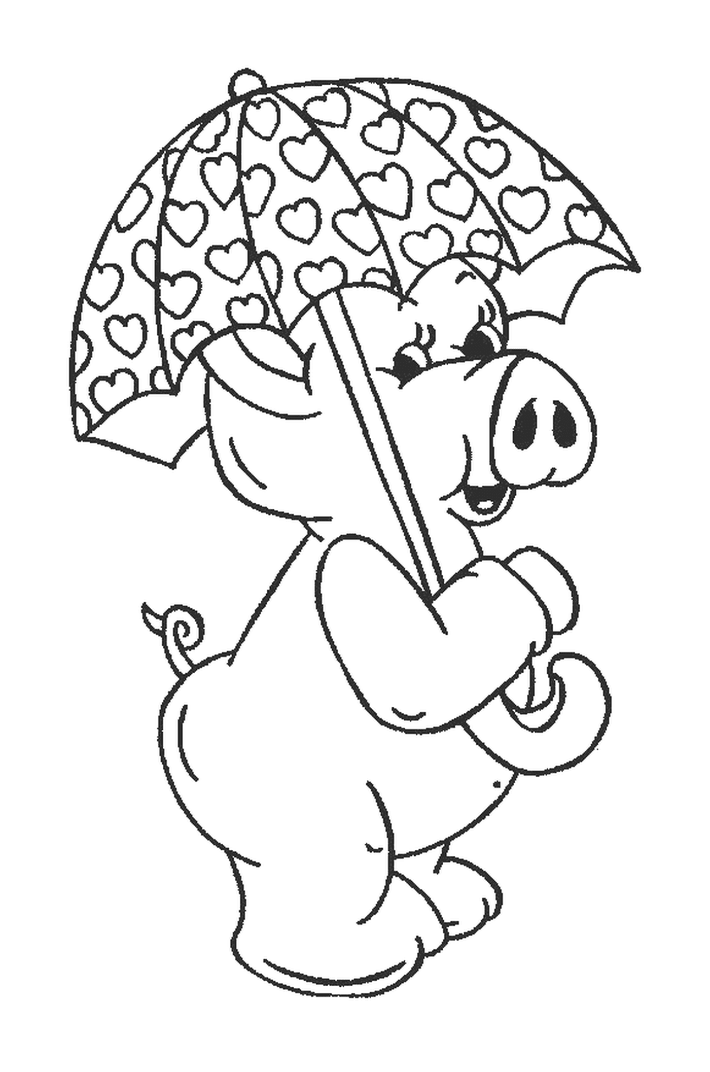   Un cochon tenant un parapluie dans sa bouche 