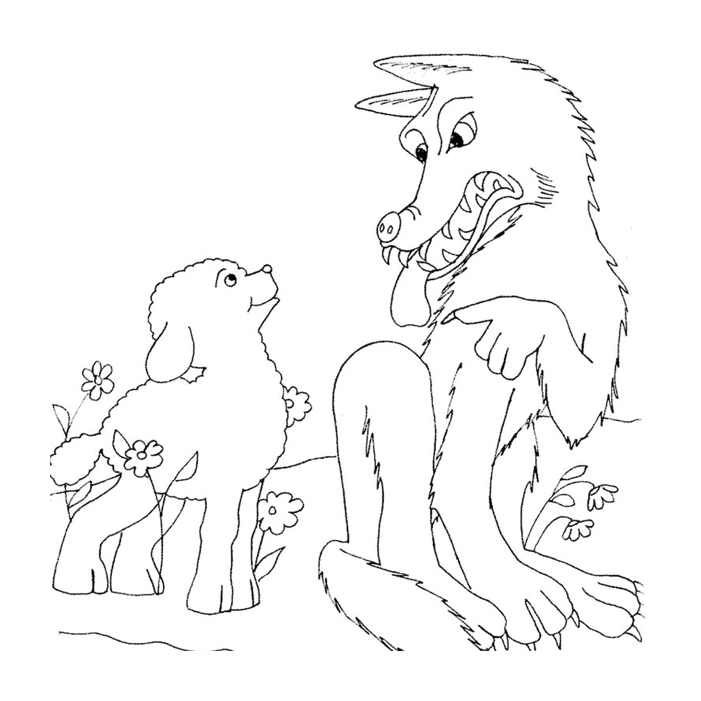   Un adulte et un bébé loup assis dans un champ 