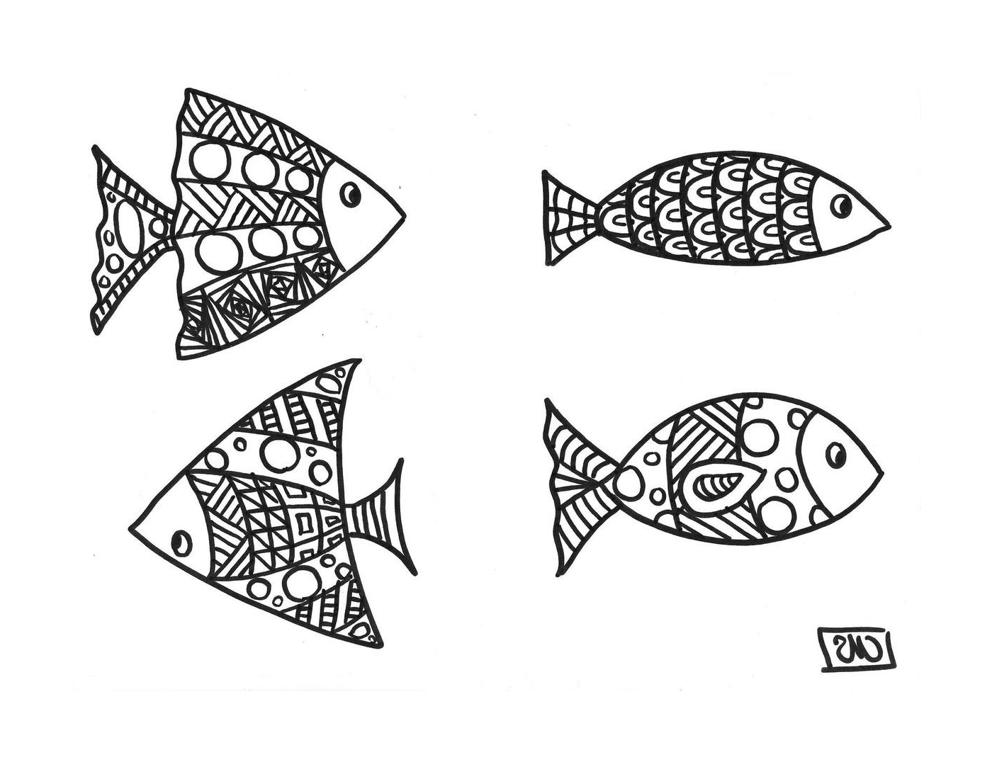   Quatre poissons avec des motifs uniques 