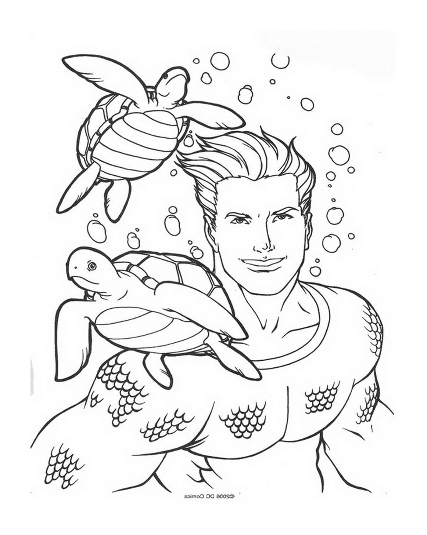   Un homme et une tortue nageant dans l'eau 