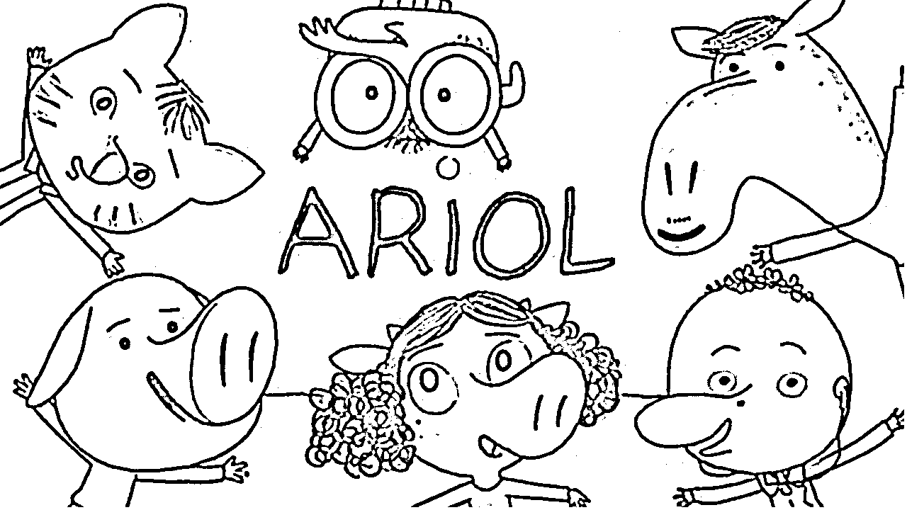   Un groupe de personnages de dessin animé avec le mot ariol écrit en dessous 