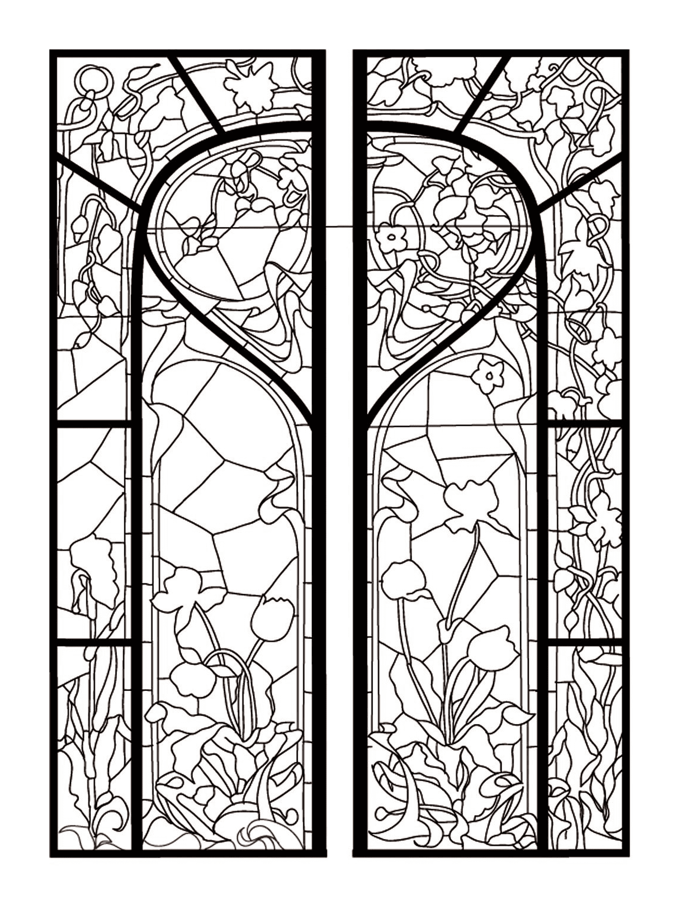   une vitre colorée avec des fleurs et un cœur 