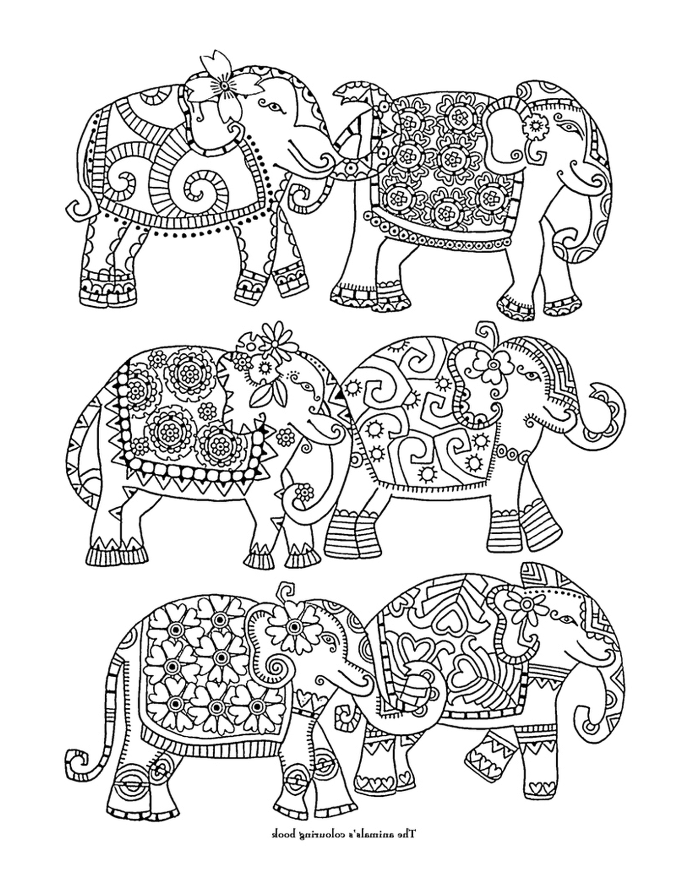   Un ensemble de six éléphants différents 