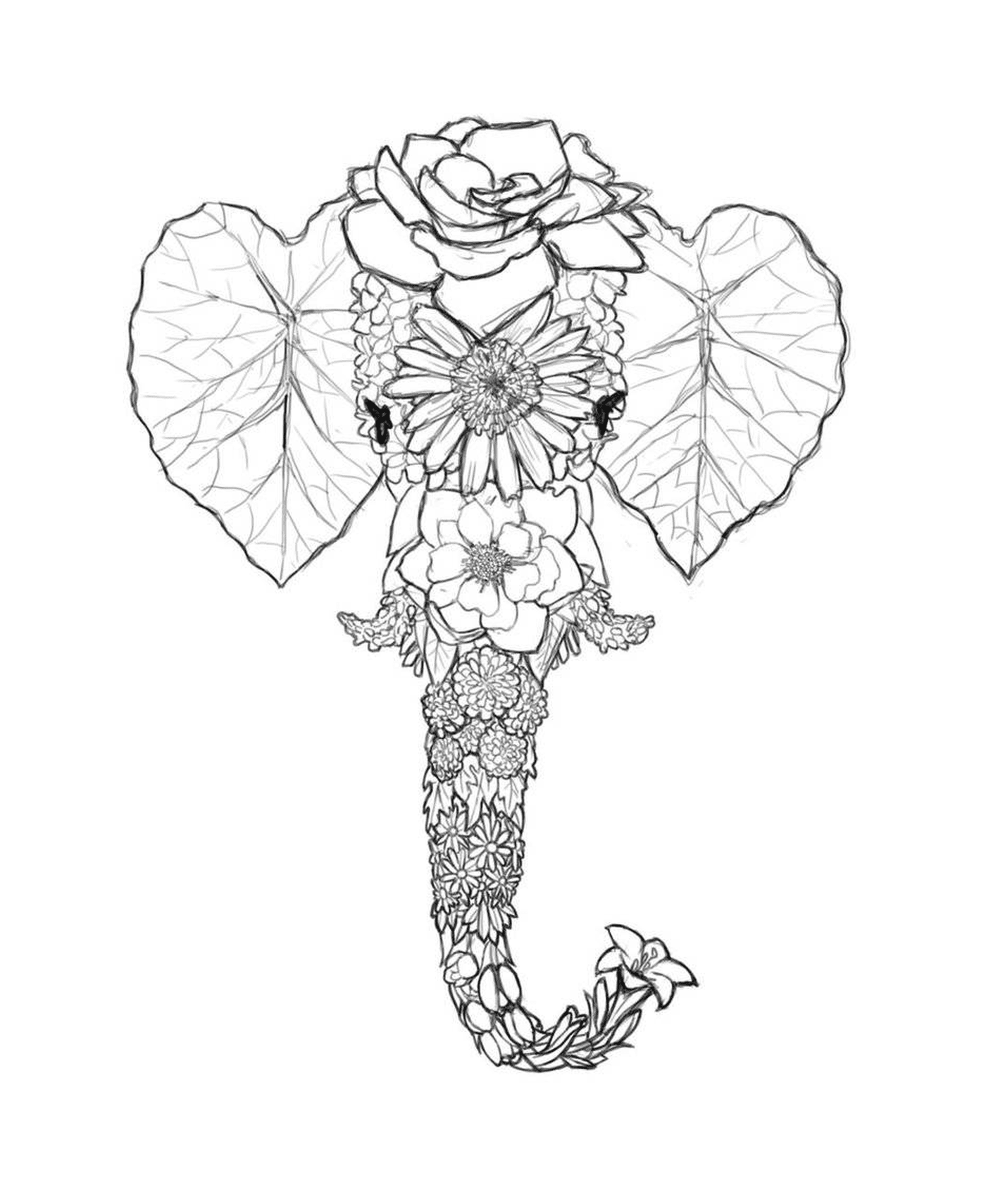   Un éléphant avec une rose et une fleur sur sa trompe 